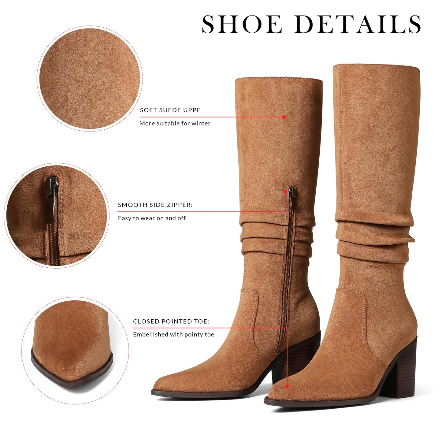 VOMIRA Knee High Boots Women Suede Boots Pointy Toe Chunky Block Heels Side Zipper Wide Calf Boots Fashion Dress Tall Boots Fall Winter Long Boots