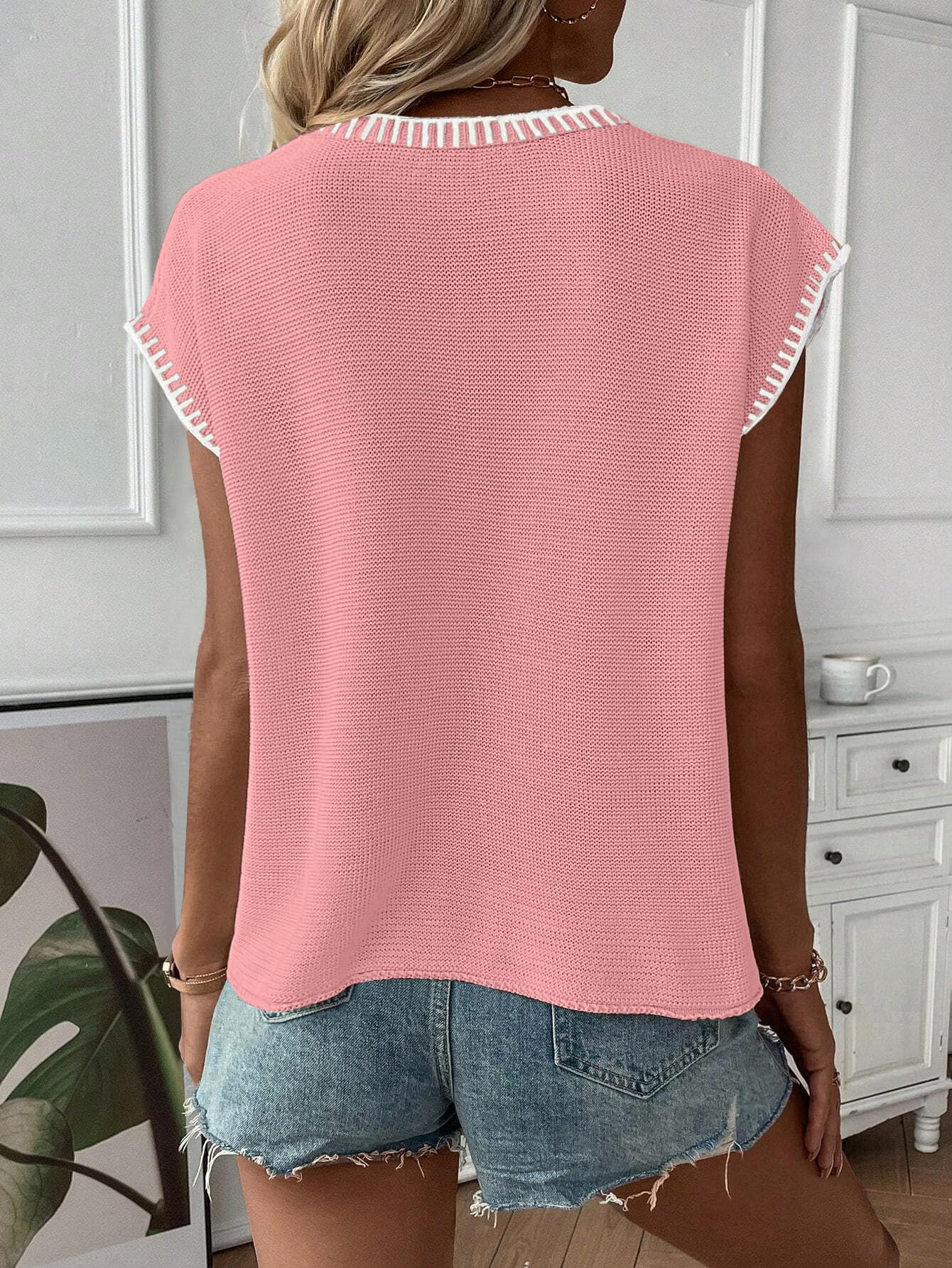 SAUKOLE Women's Sleeveless Sweater Vest Casual V Neck Cap Sleeve Knit Pullover Tank Tops 2024 Spring Clothes