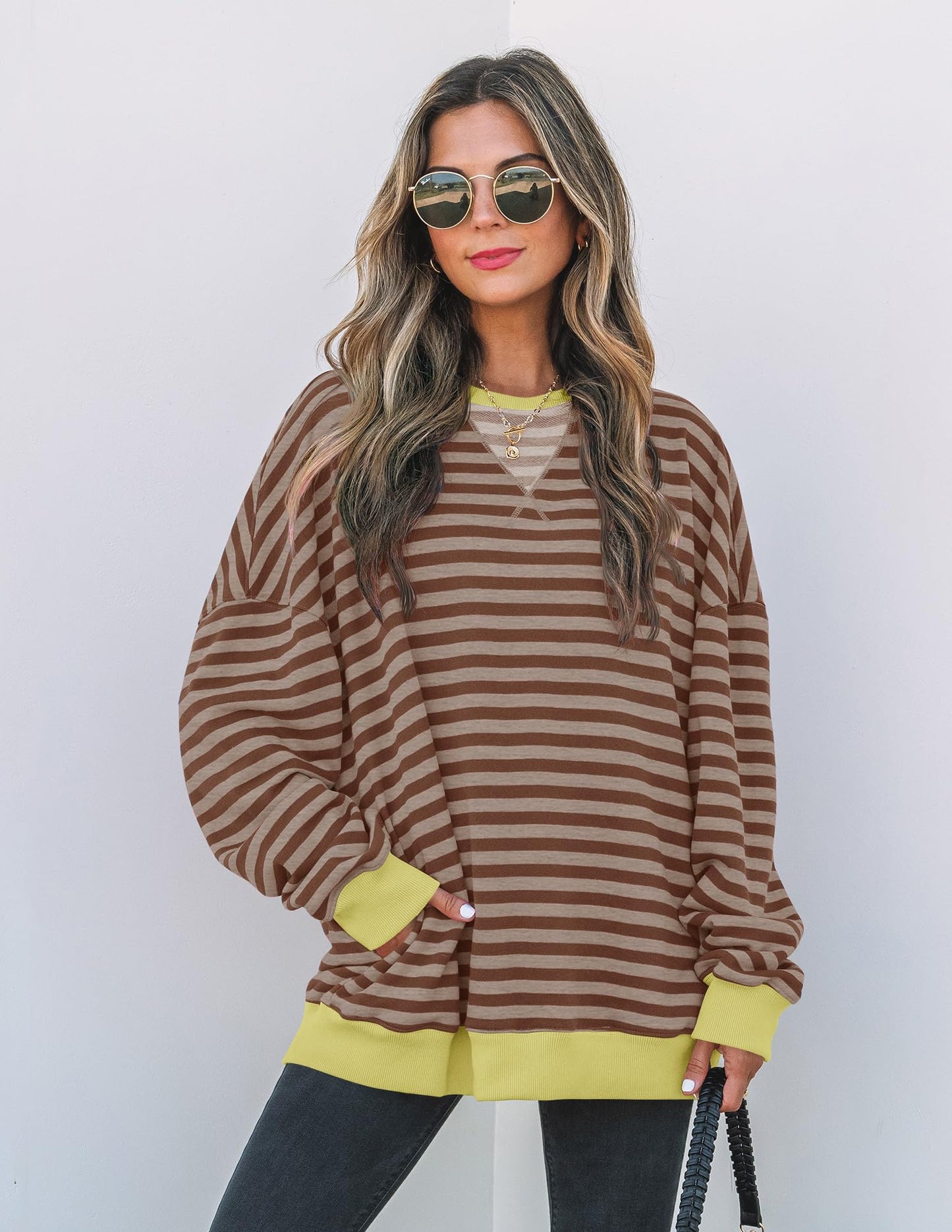 ZESICA Womens Casual Striped Pullover Tops Long Sleeve Shirts Crewneck Oversized Sweatshirts 2024 Fall Clothes