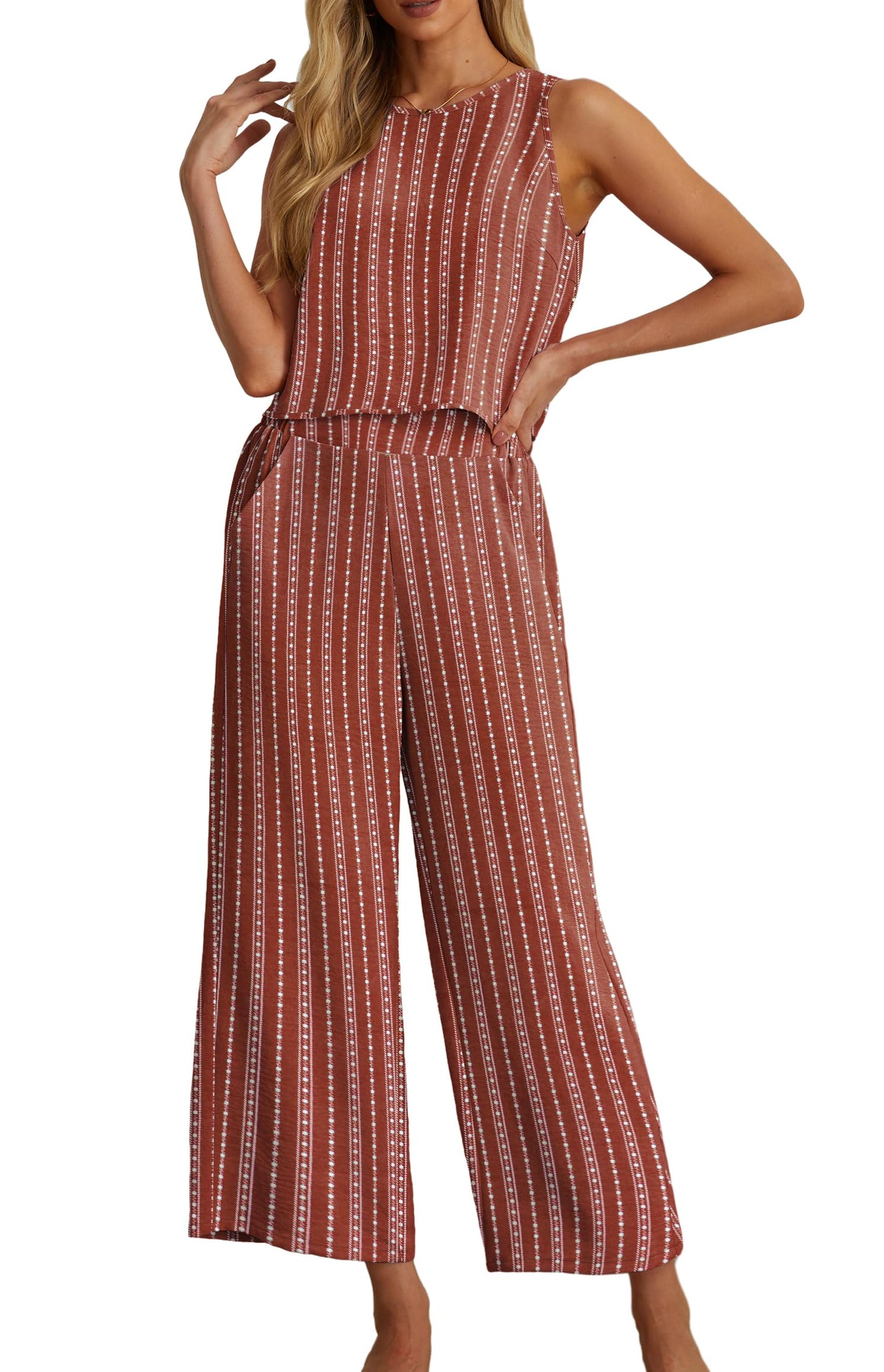 IWOLLENCE Women's Summer 2 Piece Outfits Set Round neck Sleeveless Tank Crop Top Wide Leg pants Set Pockets Jumpsuits