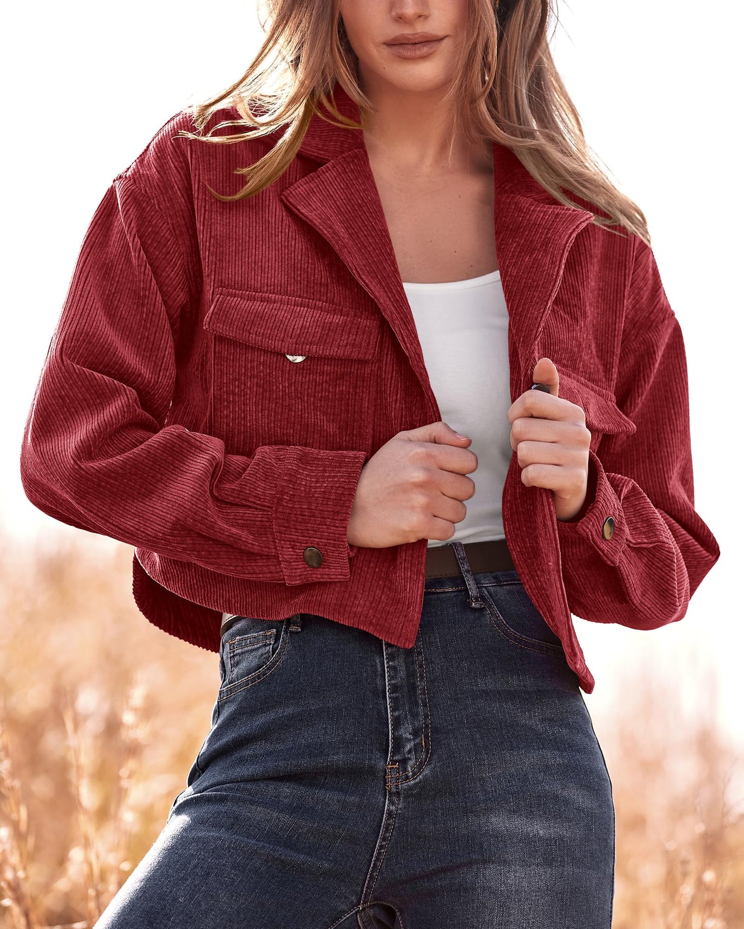 BTFBM Women's Corduroy Cropped Jacket 2024 Winter Fall Lapel Button Down Casual Short Shacket Jackets Coats with Pockets