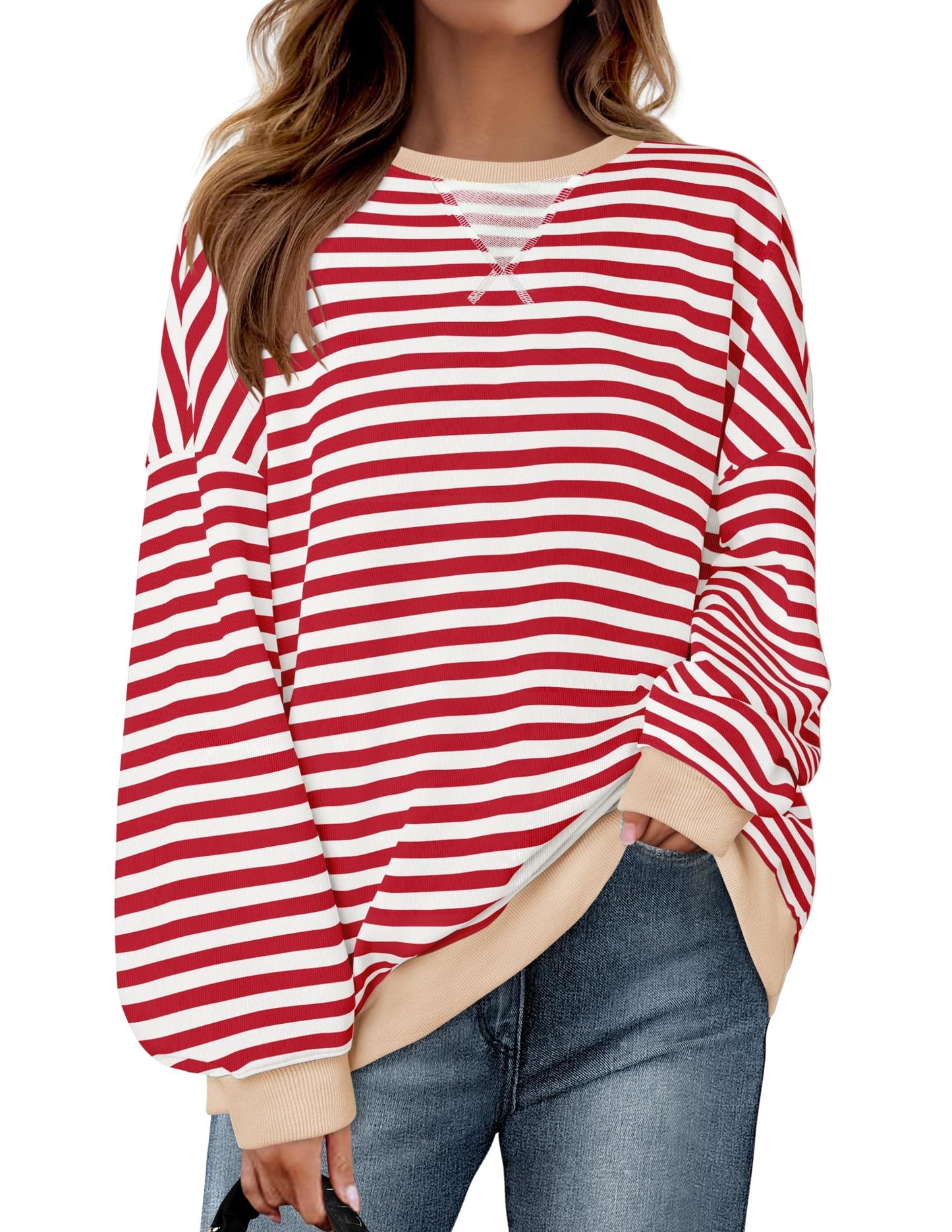 ZESICA Womens Casual Striped Pullover Tops Long Sleeve Shirts Crewneck Oversized Sweatshirts 2024 Fall Clothes