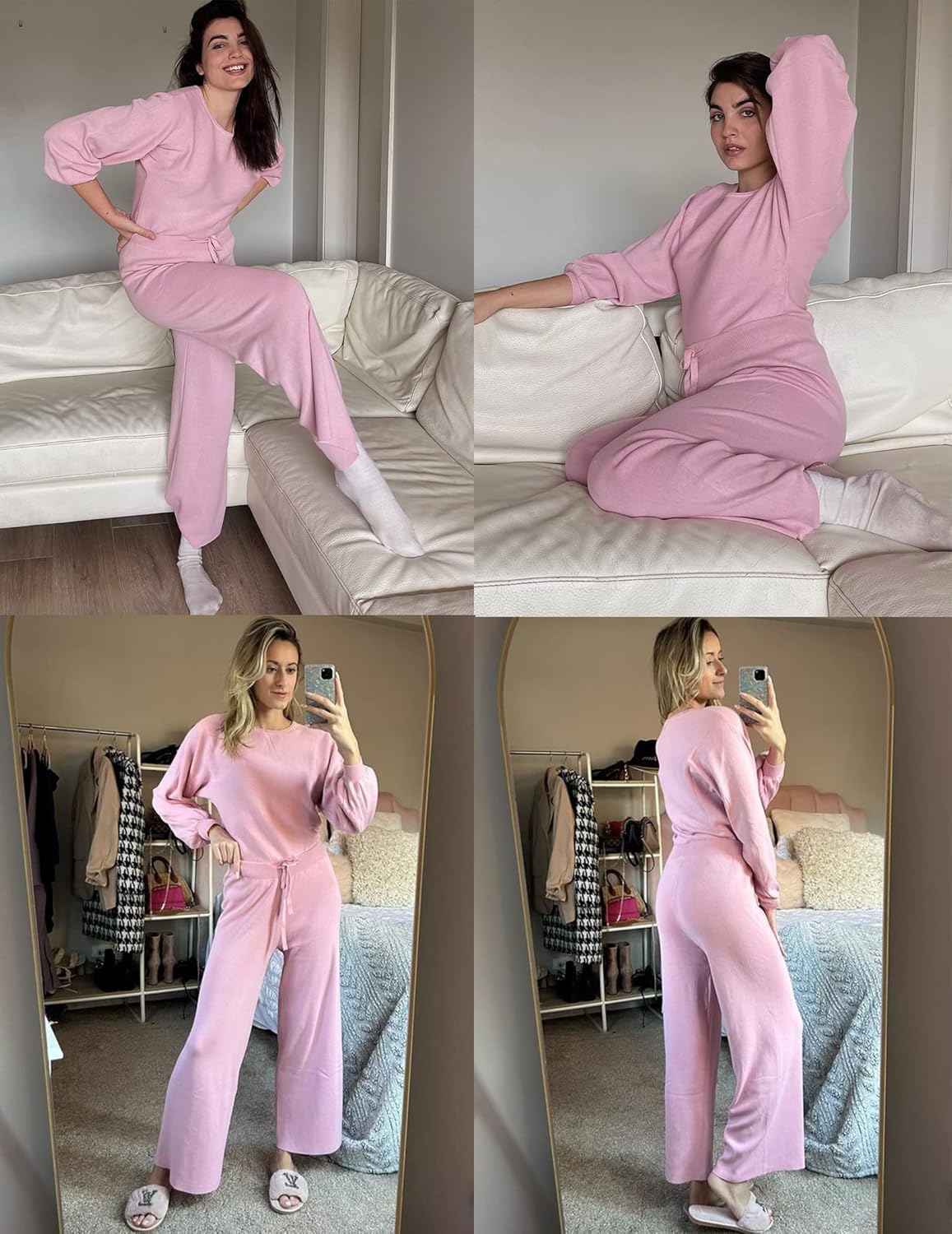 Ekouaer Knit Lounge Sets for Women 2 Piece Cozy Long Sleeve Pullover Sweater Top and Wide Leg Pants Set Pajamas Outfits