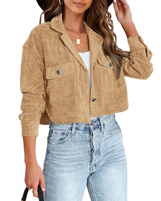 BTFBM Women's Corduroy Cropped Jacket 2024 Winter Fall Lapel Button Down Casual Short Shacket Jackets Coats with Pockets