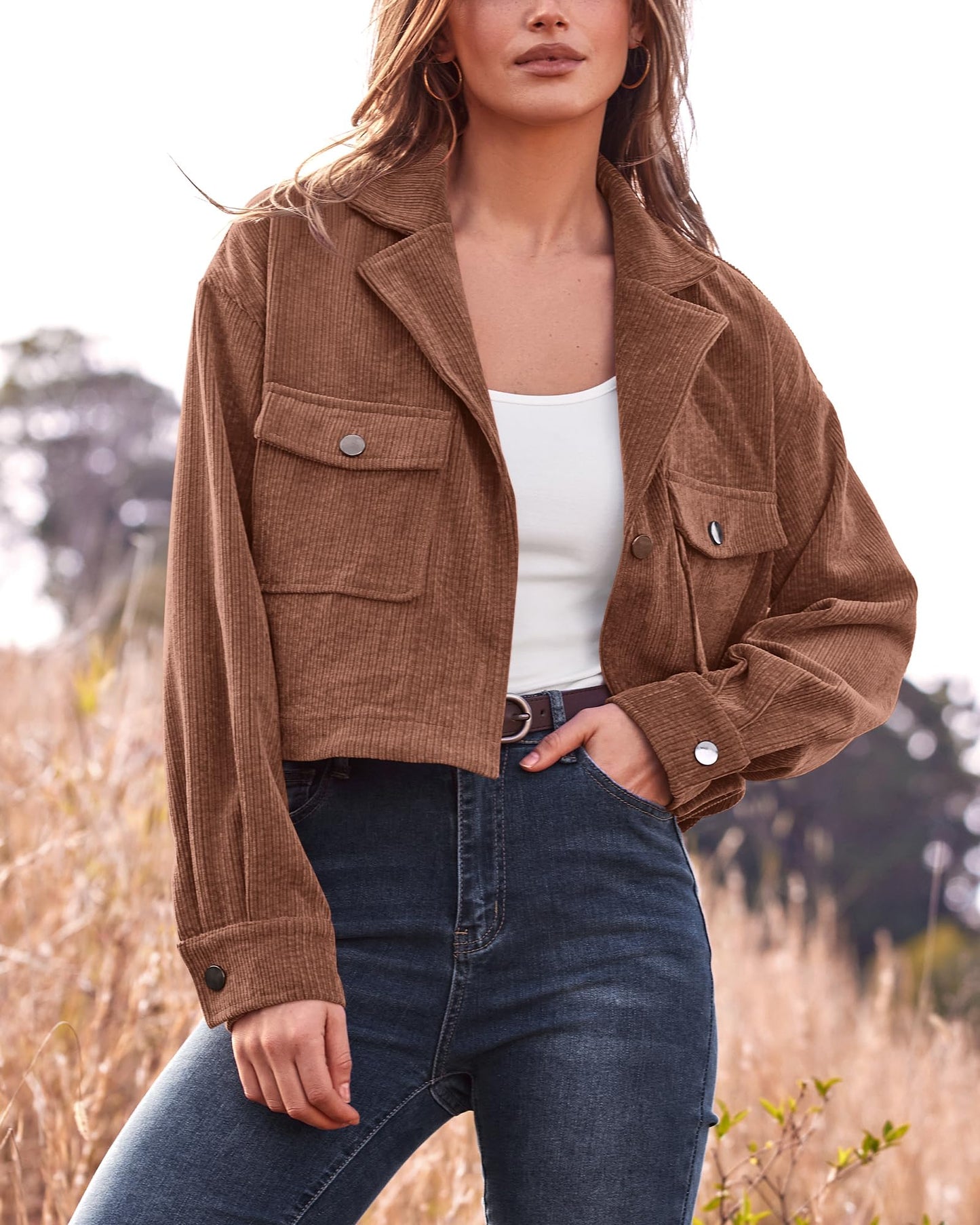 BTFBM Women's Corduroy Cropped Jacket 2024 Winter Fall Lapel Button Down Casual Short Shacket Jackets Coats with Pockets