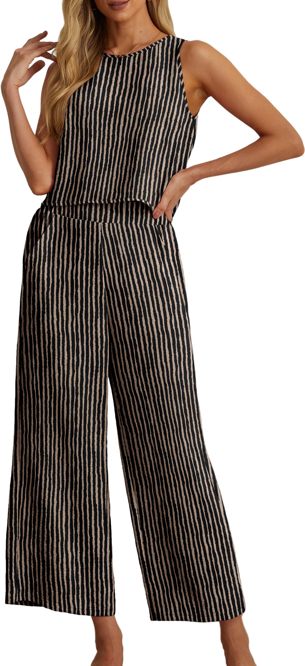 IWOLLENCE Women's Summer 2 Piece Outfits Set Round neck Sleeveless Tank Crop Top Wide Leg pants Set Pockets Jumpsuits