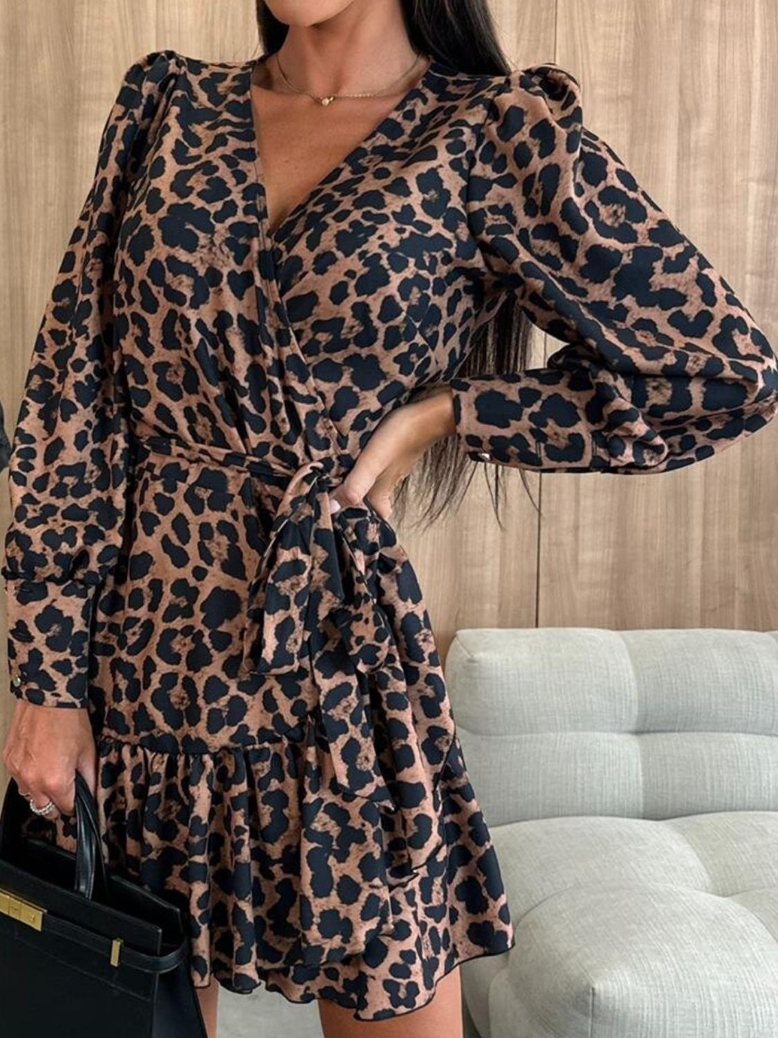 Tied Leopard Surplice Long Sleeve Dress