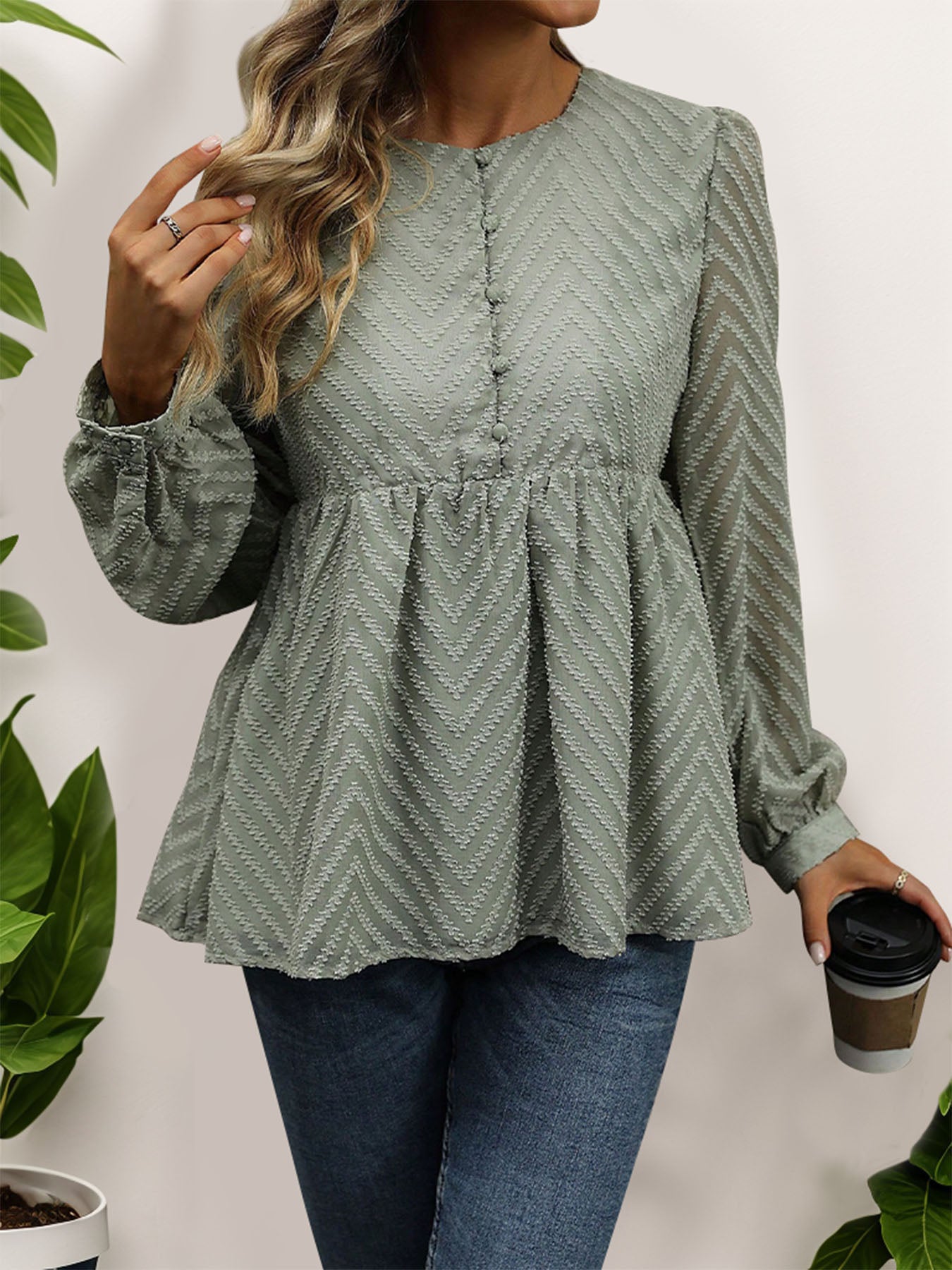 Peplum Round Neck Long Sleeve Blouse