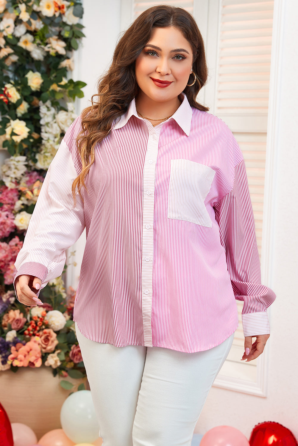 Pink Stripe Print Colorblock Plus Size Shirt