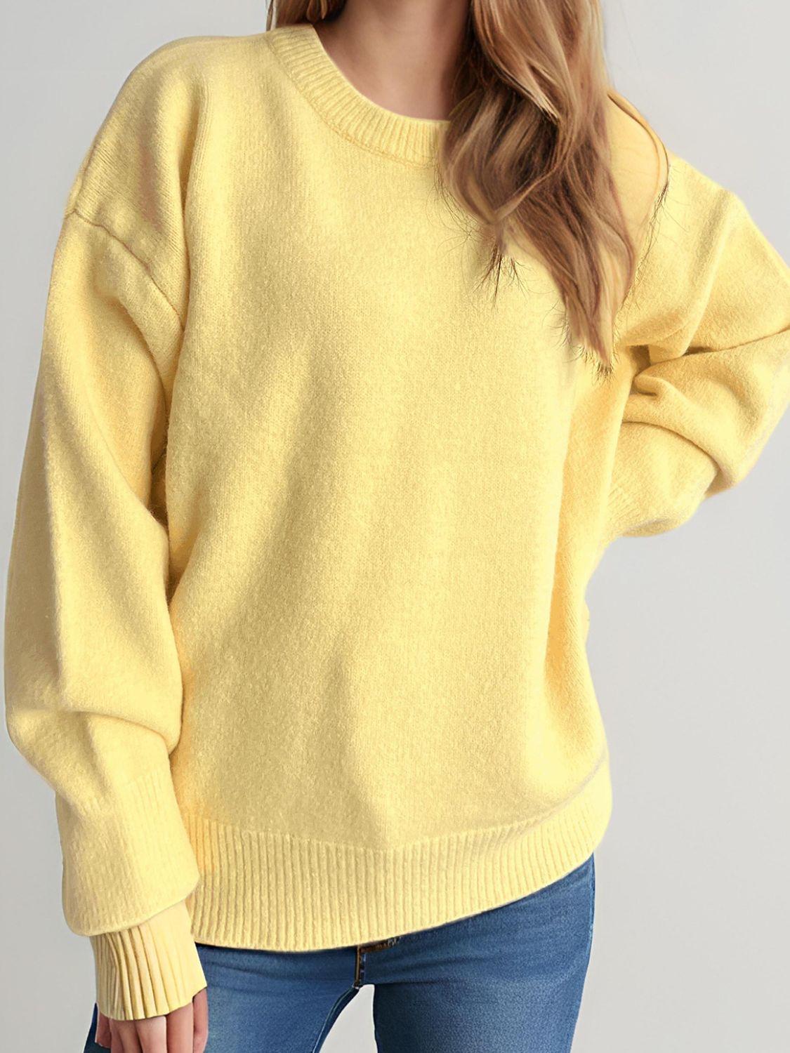 Round Neck Dropped Shoulder Long Sleeve Sweater