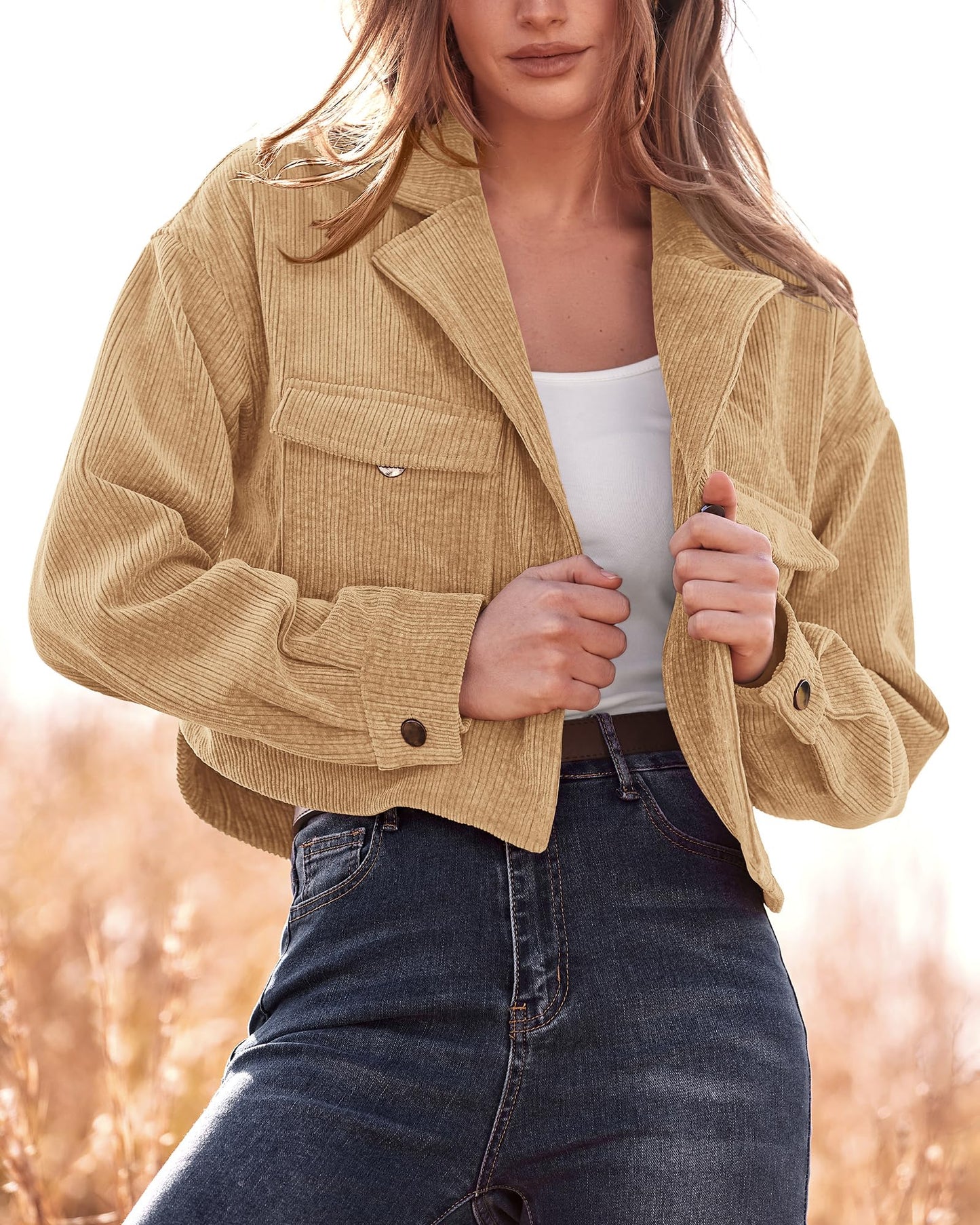 BTFBM Women's Corduroy Cropped Jacket 2024 Winter Fall Lapel Button Down Casual Short Shacket Jackets Coats with Pockets