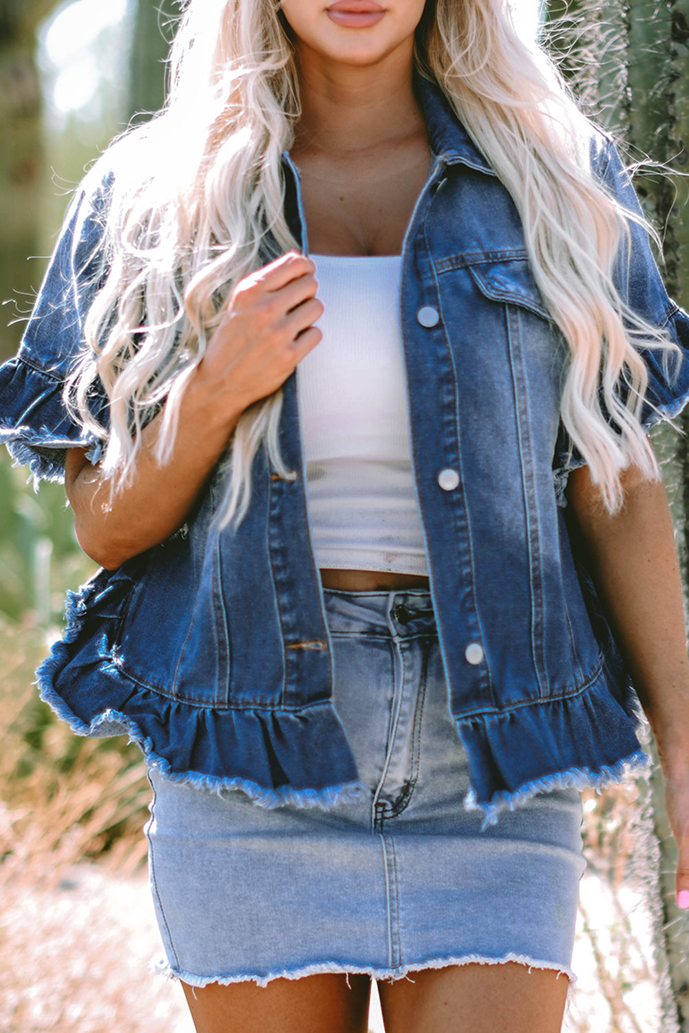 Peacock Blue Raw Edge Ruffled Short Sleeve Denim Jacket