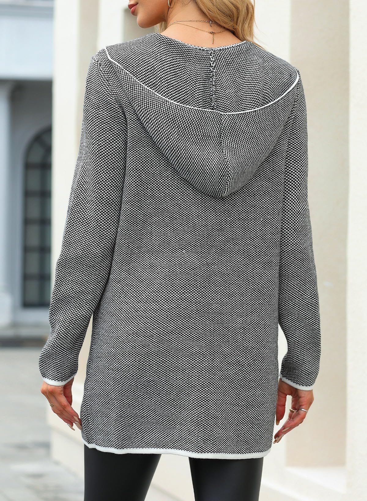 Sidefeel Women's 2024 Fall Long Sleeve Open Front Contrast Cardigan Sweaters Oversized Chunky Knit Hooded Sweaters Coat