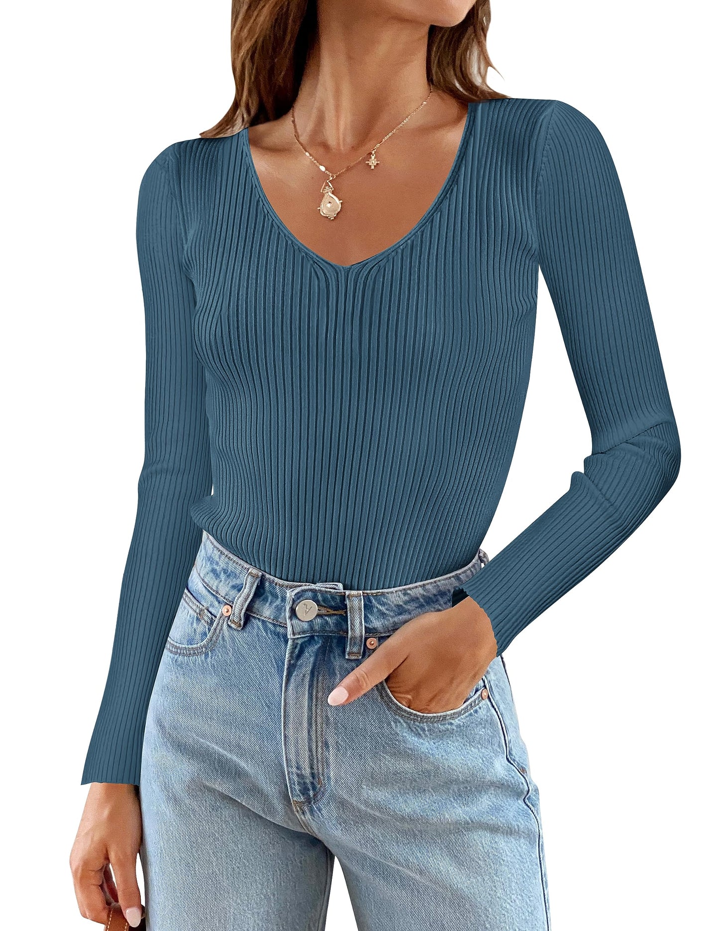 ZESICA Women's 2024 Fall Long Sleeve V Neck T Shirts Ribbed Knit Sweater Slim Fit Solid Basic Casual Tee Tops