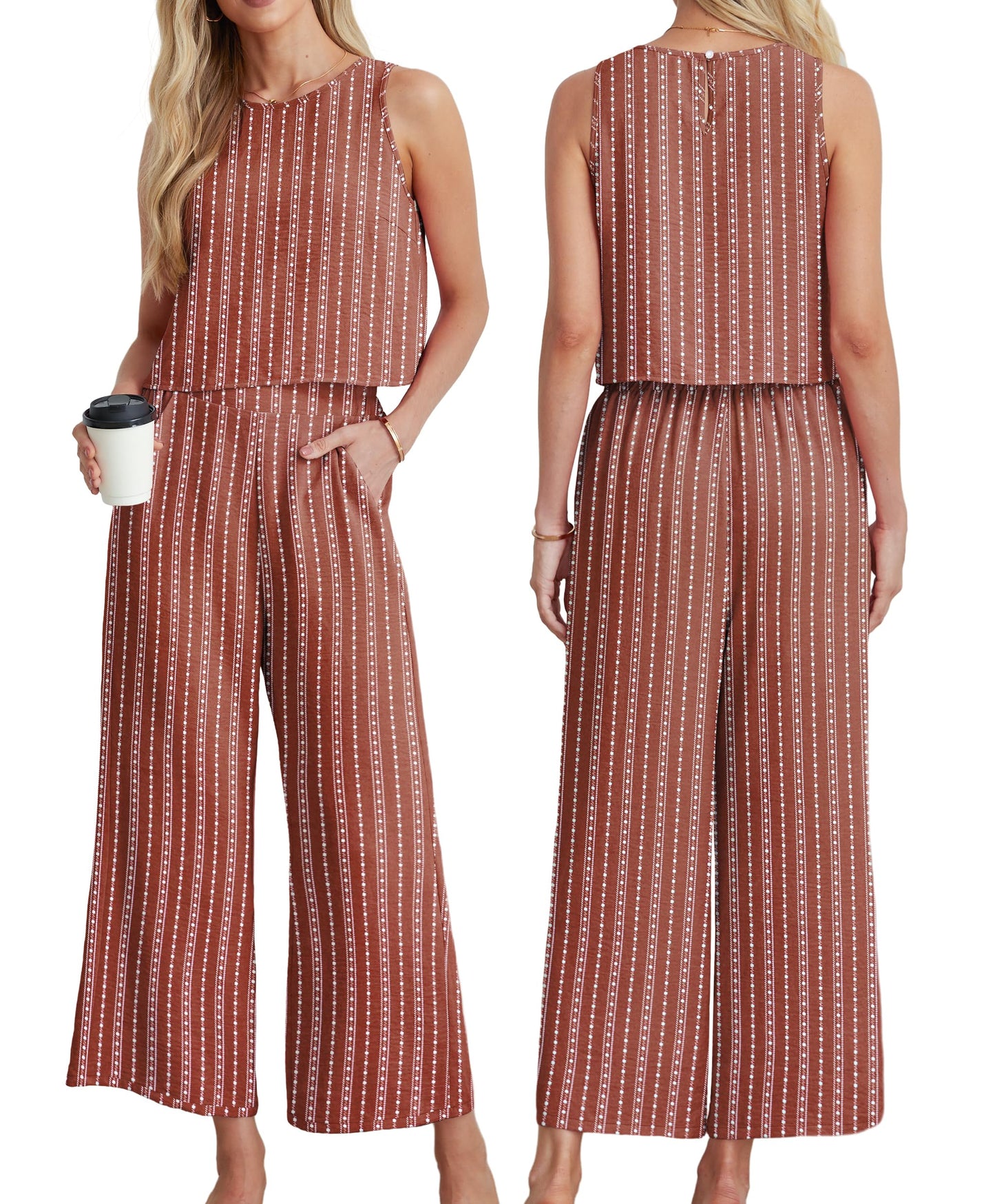 IWOLLENCE Women's Summer 2 Piece Outfits Set Round neck Sleeveless Tank Crop Top Wide Leg pants Set Pockets Jumpsuits
