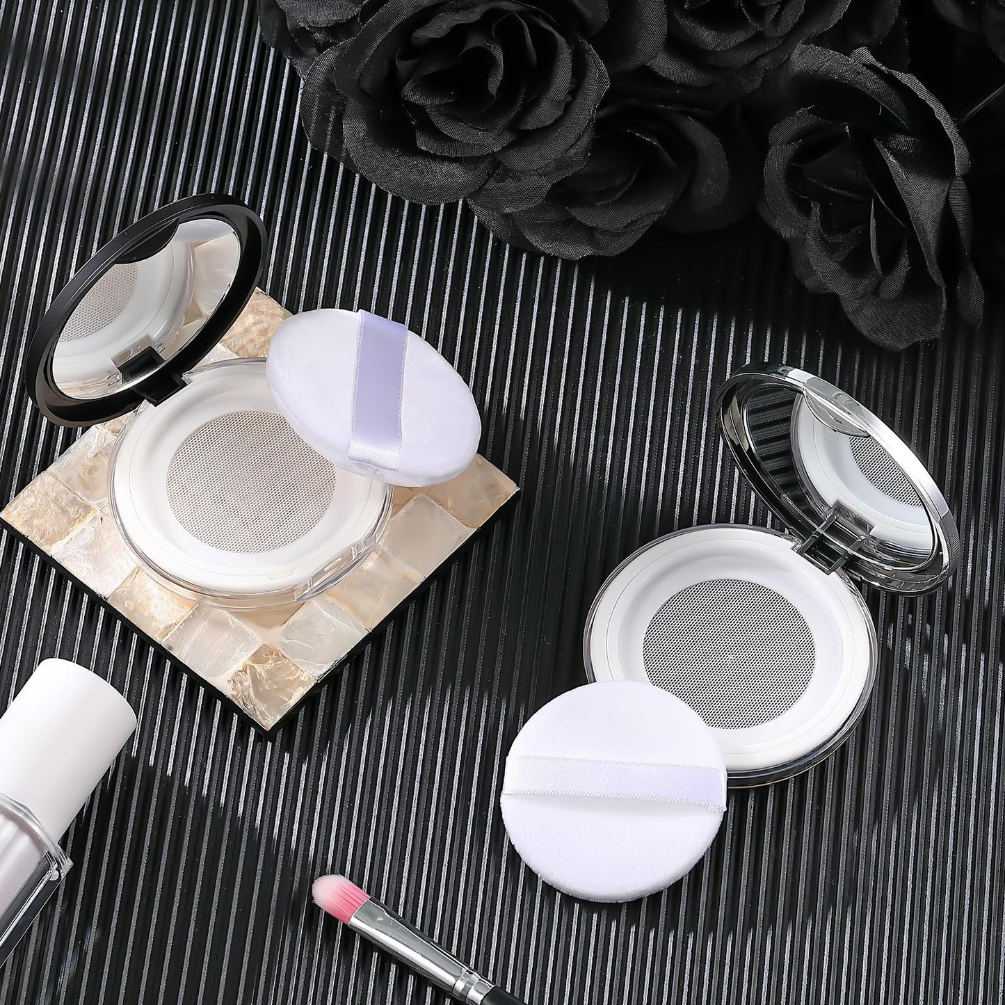 Cunhill 2 Pcs Loose Powder Container with Puff 0.17/0.7 oz Reusable Plastic Empty Powder Case Portable DIY Empty Makeup Powder Container with Mirror and Net Sifter(Pink, Silver)