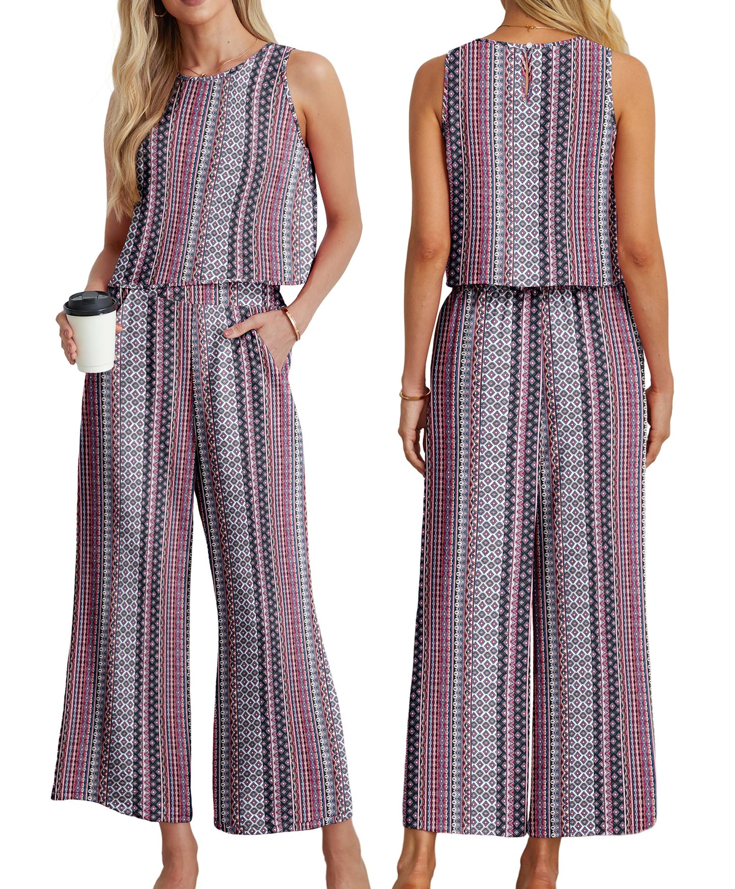 IWOLLENCE Women's Summer 2 Piece Outfits Set Round neck Sleeveless Tank Crop Top Wide Leg pants Set Pockets Jumpsuits