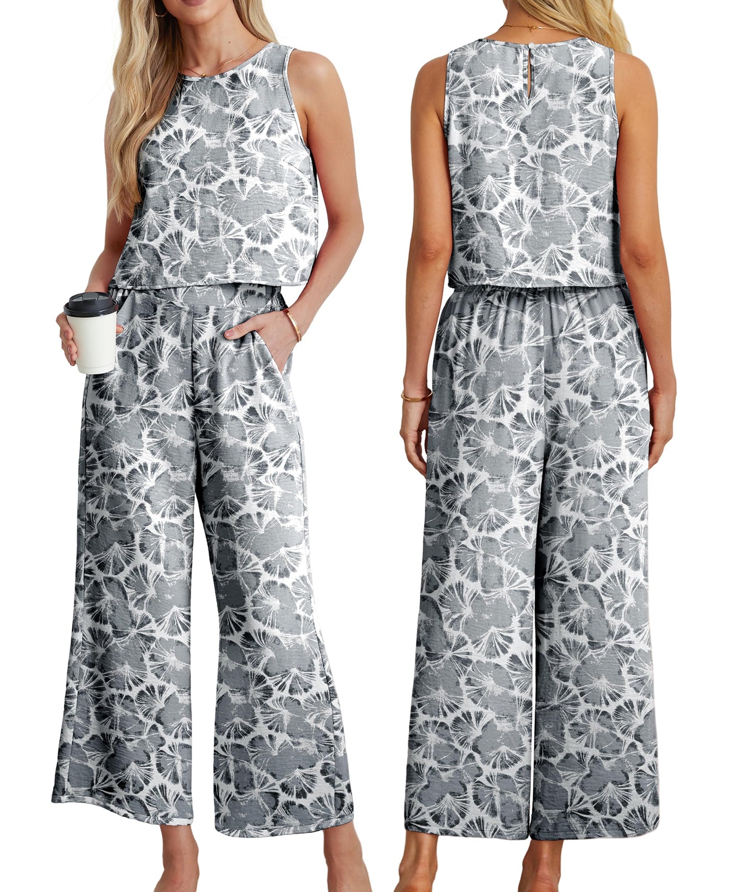 IWOLLENCE Women's Summer 2 Piece Outfits Set Round neck Sleeveless Tank Crop Top Wide Leg pants Set Pockets Jumpsuits