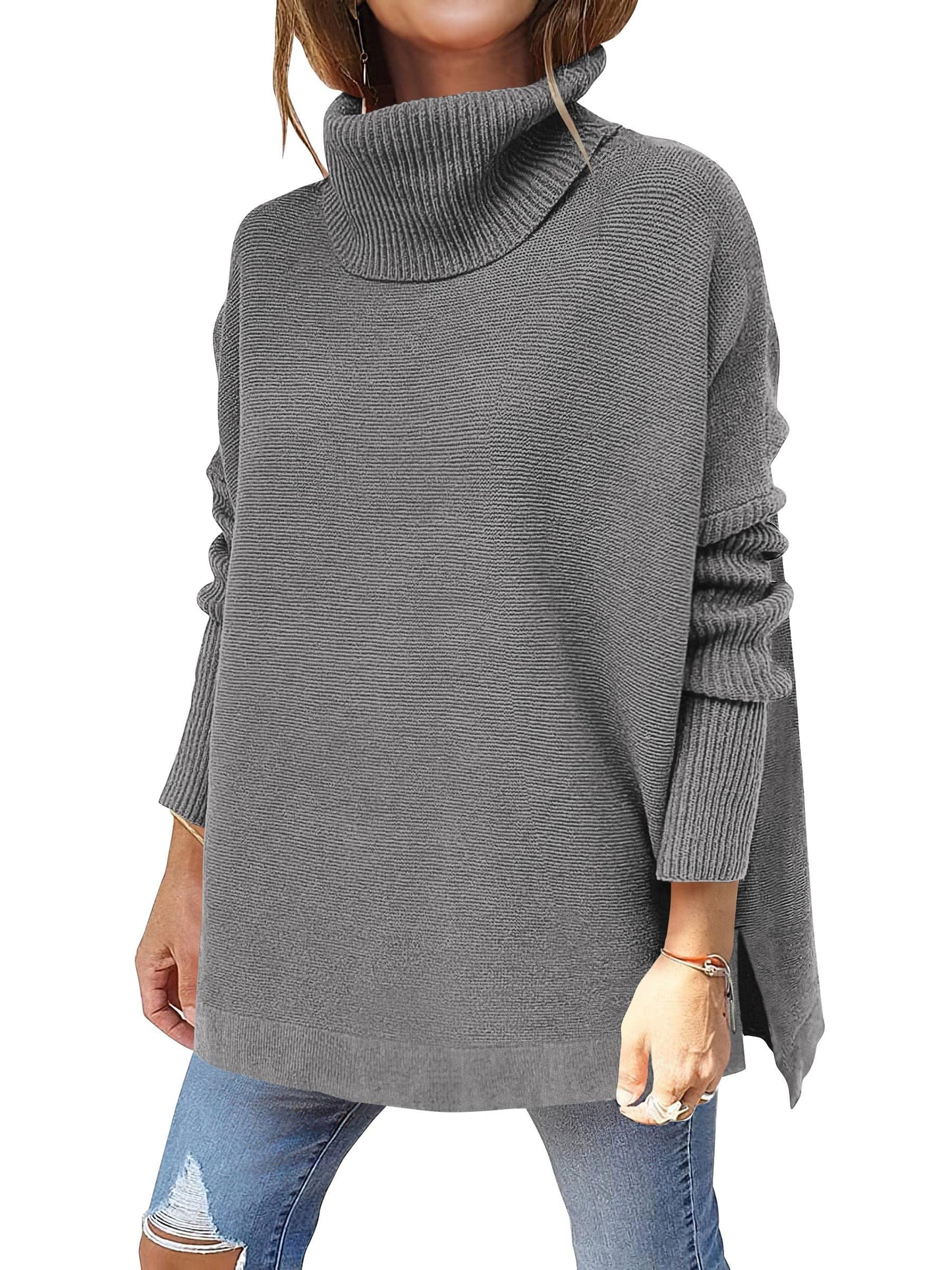 Caracilia Women's Turtleneck Oversized Sweaters 2024 Fall Long Batwing Sleeve Spilt Hem Tunic Pullover Sweater Knit Tops