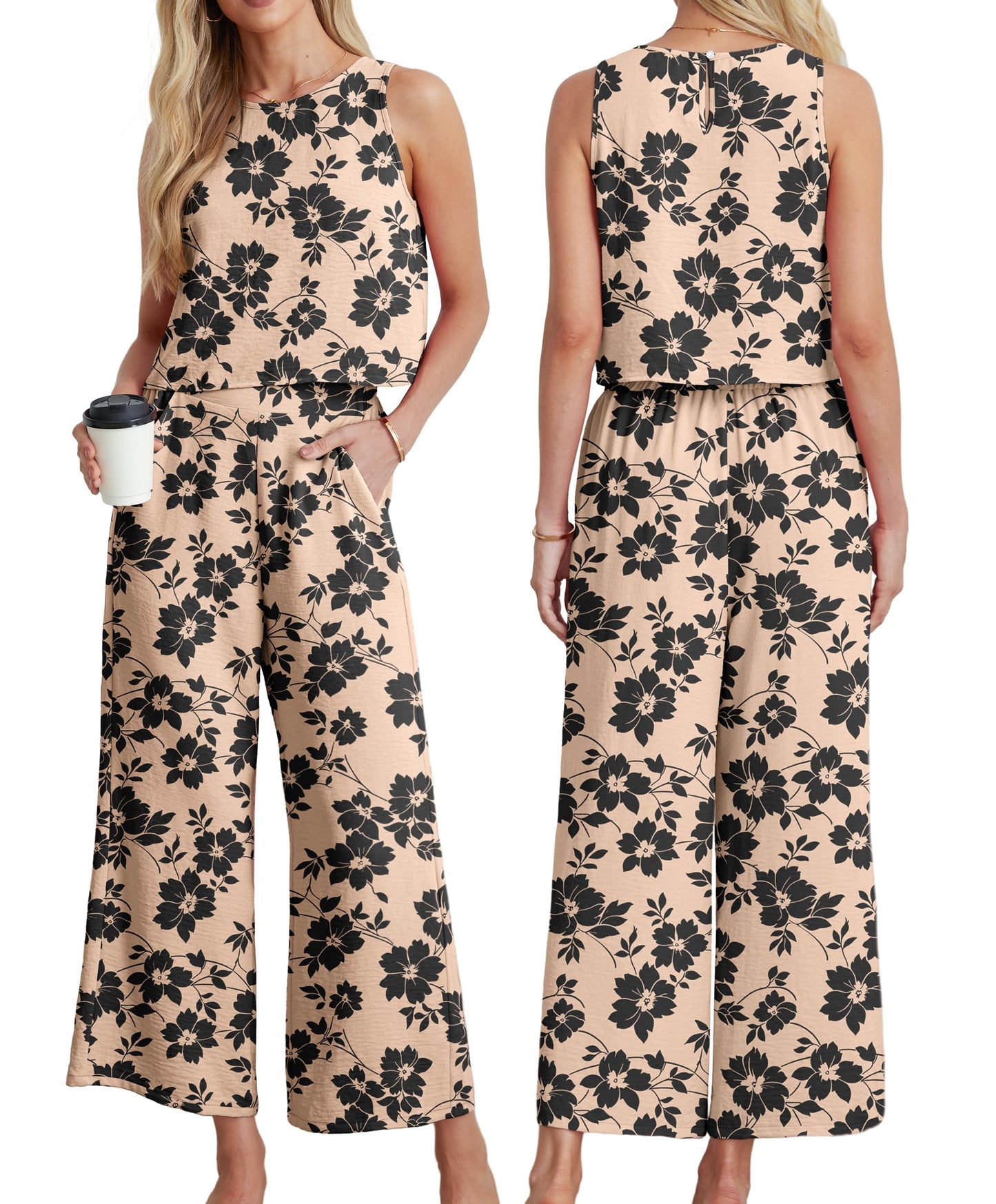 IWOLLENCE Women's Summer 2 Piece Outfits Set Round neck Sleeveless Tank Crop Top Wide Leg pants Set Pockets Jumpsuits