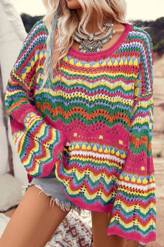 Openwork Round Neck Long Sleeve Knit Top