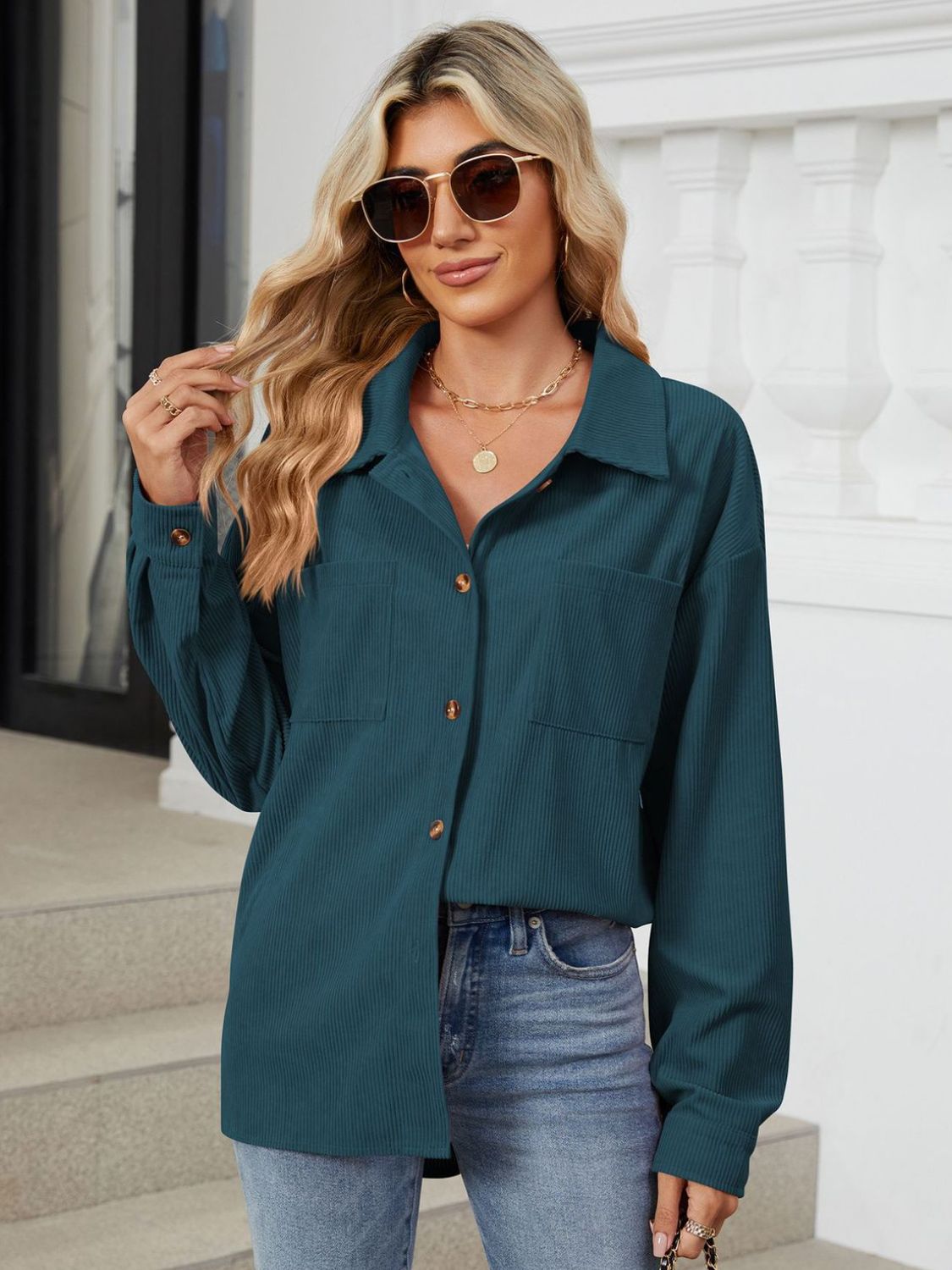 Button Up Dropped Shoulder Long Sleeve Outerwear