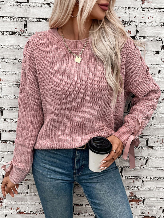 Lace Up Round Neck Long Sleeve Sweater