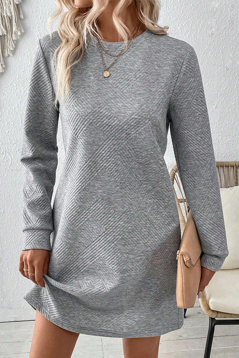 Apricot Solid Color Textured Long Sleeve Shift Dress