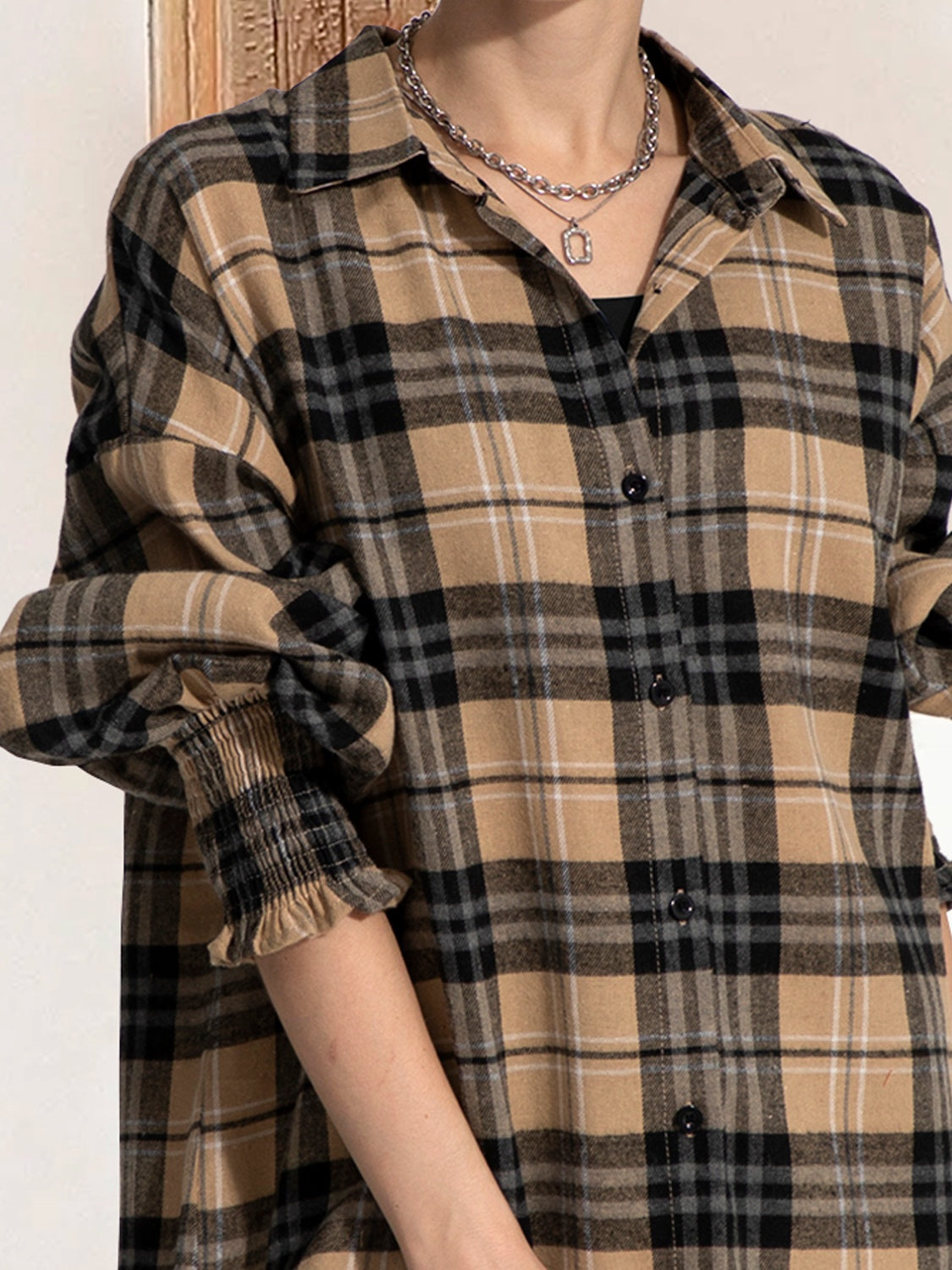 Button Up Plaid Long Sleeve Shirt Dress