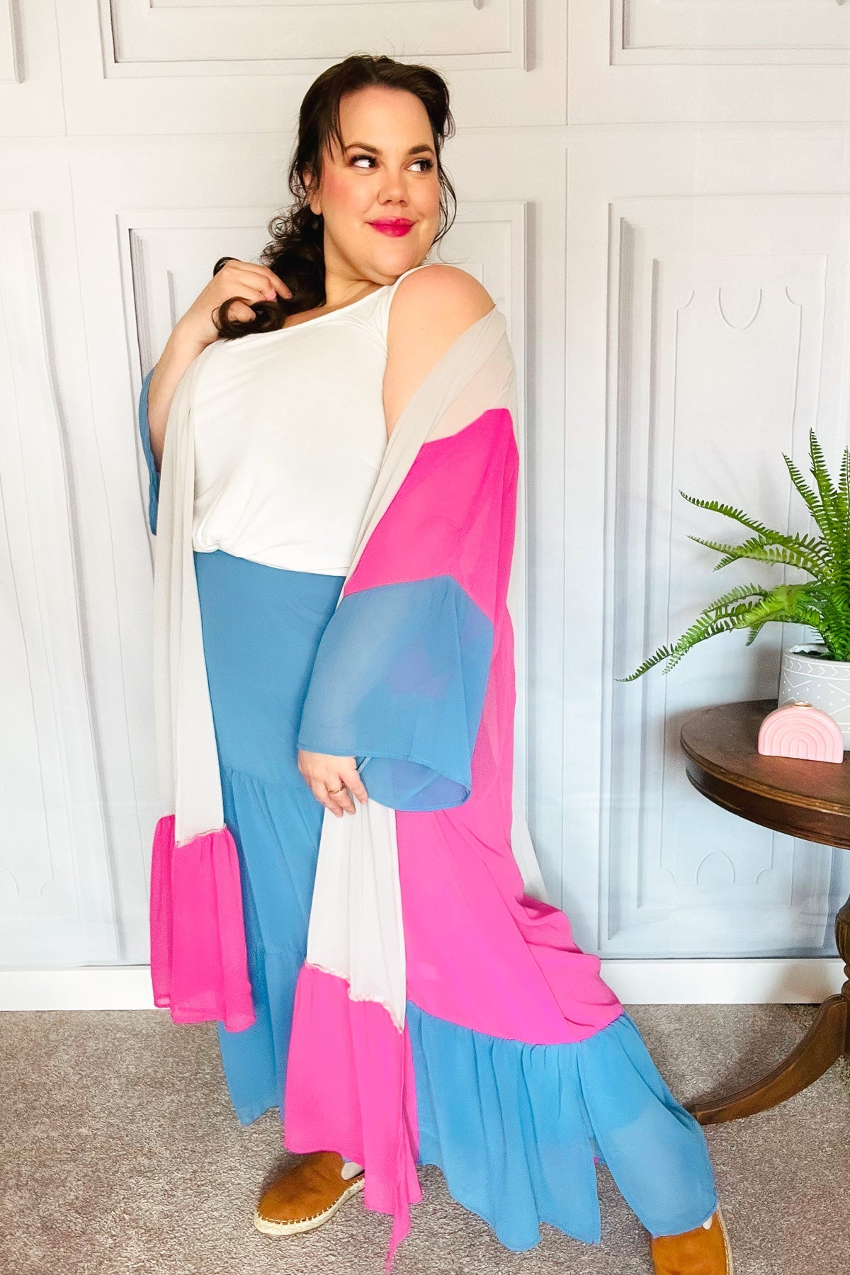 Feel Your Best Taupe & Fuchsia Color Block Ruffle Hem Kimono