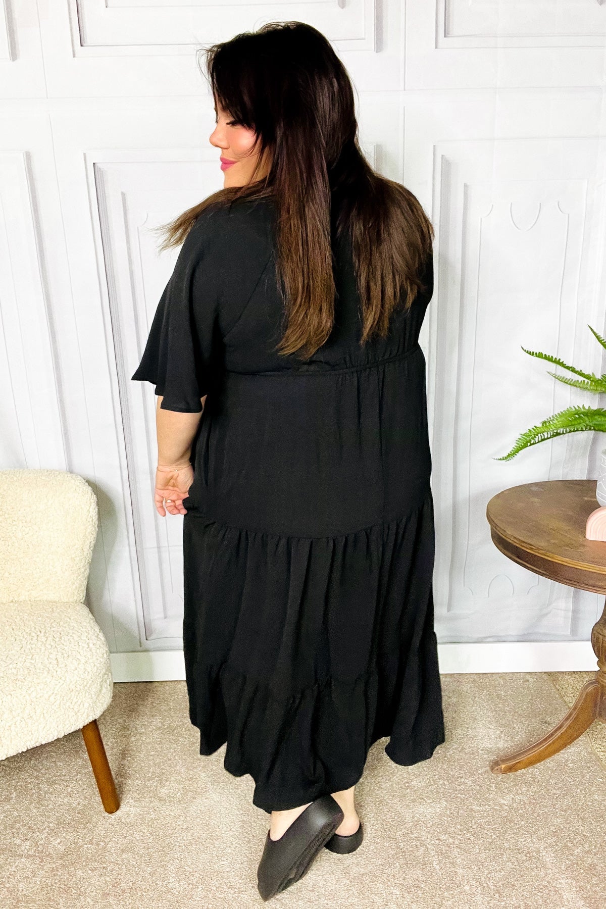 Talk Of The Town Black Elastic V Neck Tiered Maxi Dress