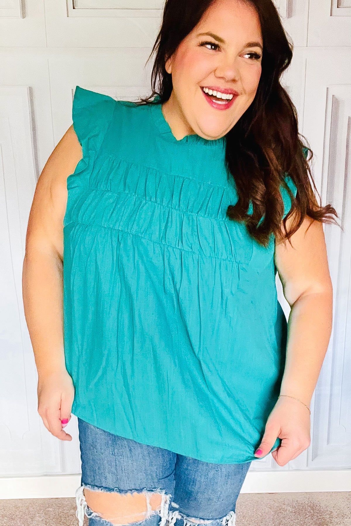 Love Life Cotton Turquoise Frill Mock Neck Flutter Sleeve Top