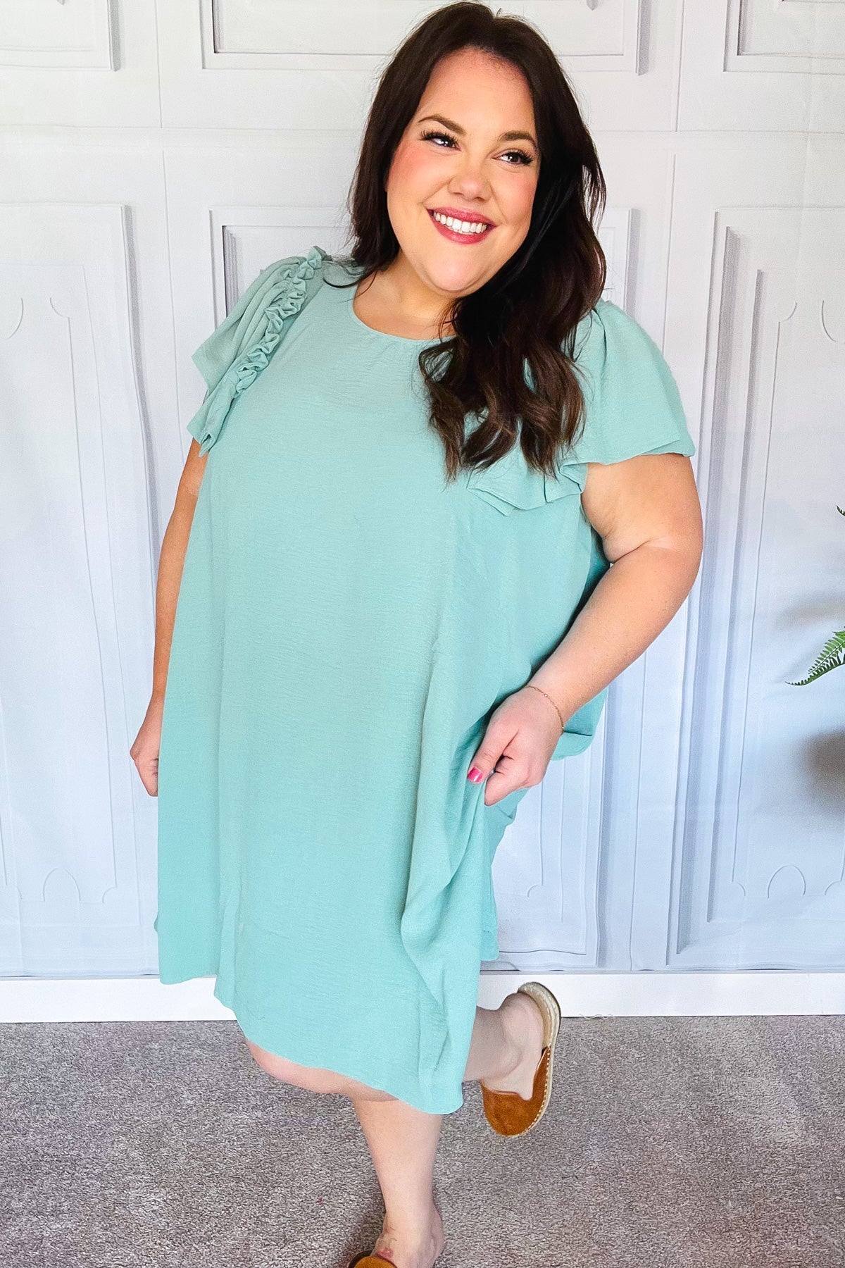 Out For The Day Sage Crinkle Woven Ruffle Sleeve Dress