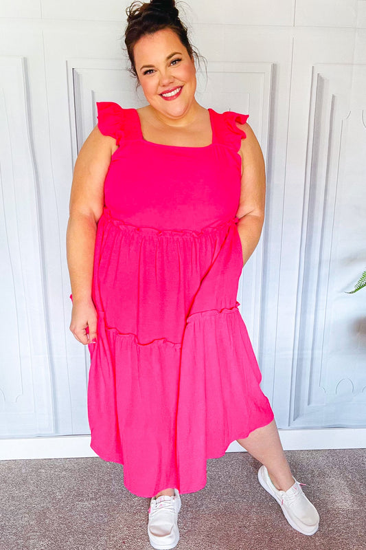 Lots To Love Fuchsia Smocked Flutter Sleeve Tiered Midi Dress