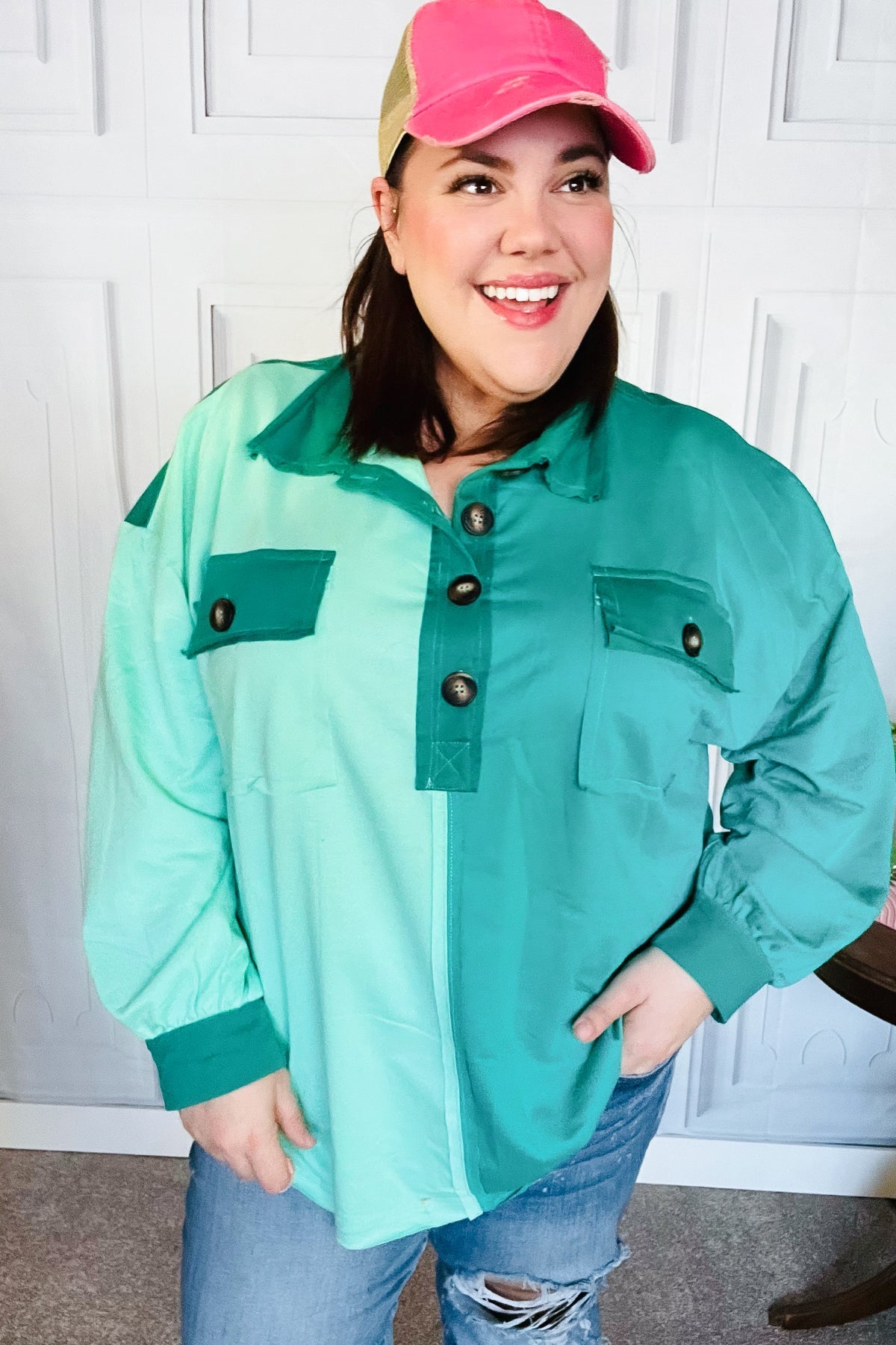 On The Way Up Mint Color Block Button Down Pullover