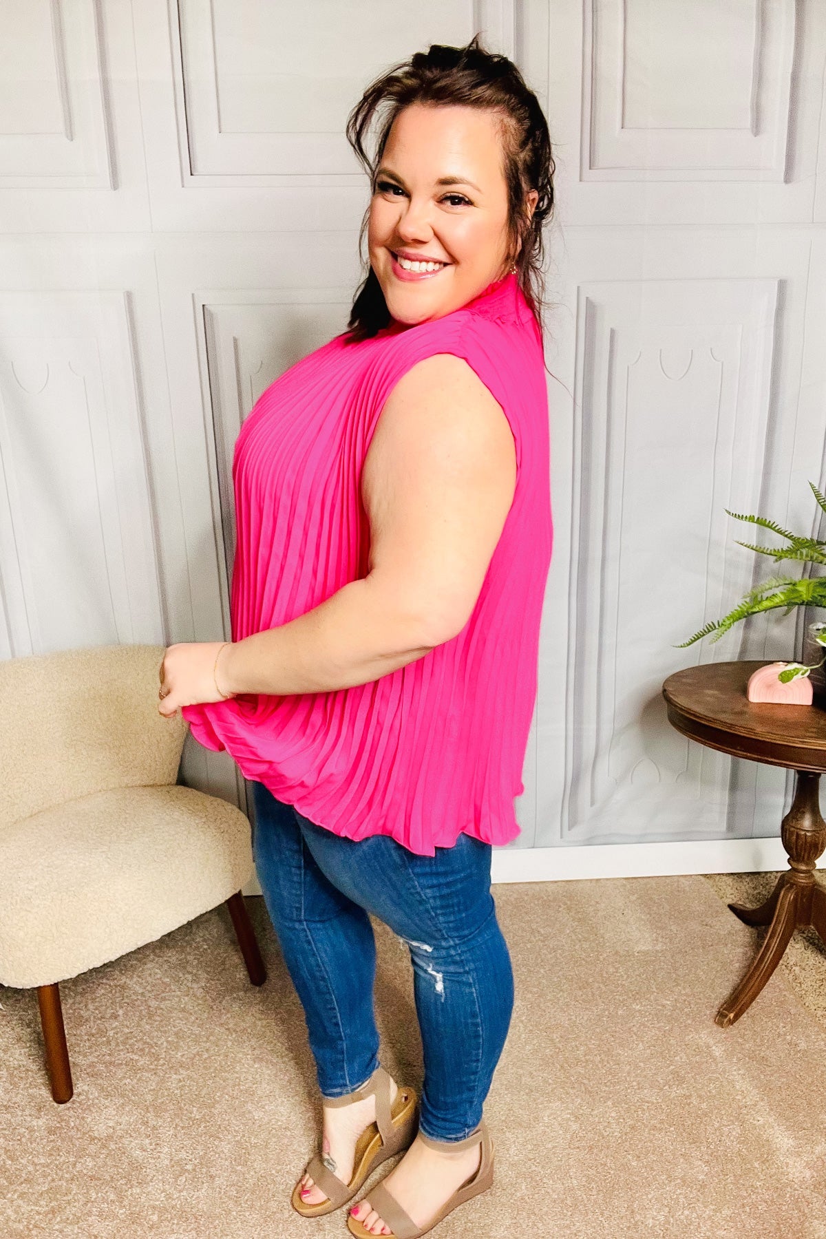 Sweet New Days Fuchsia Smocked Neck Pleated Sleeveless Top