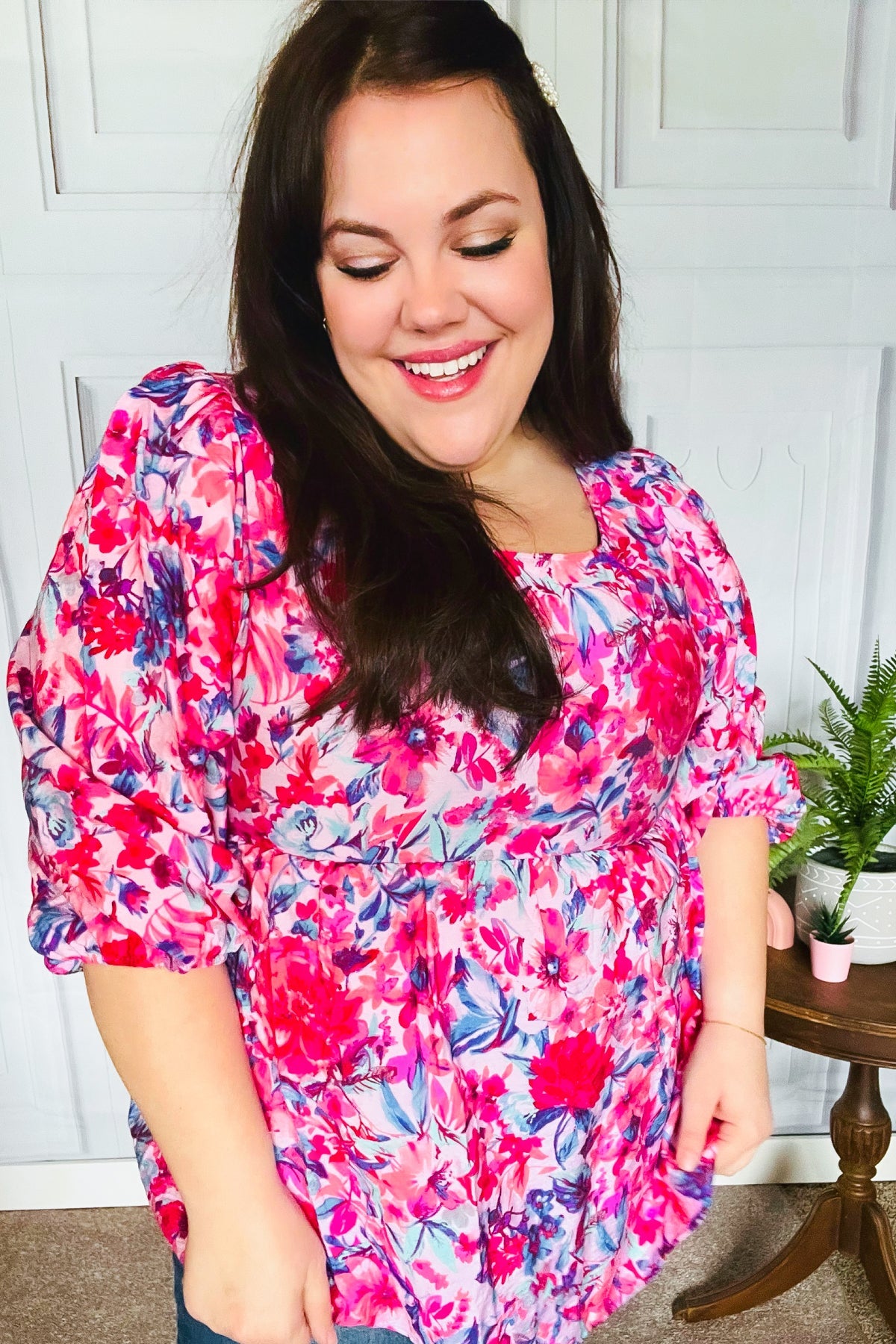 Feeling Femmi Pink & Fuchsia Floral Peplum Woven Top