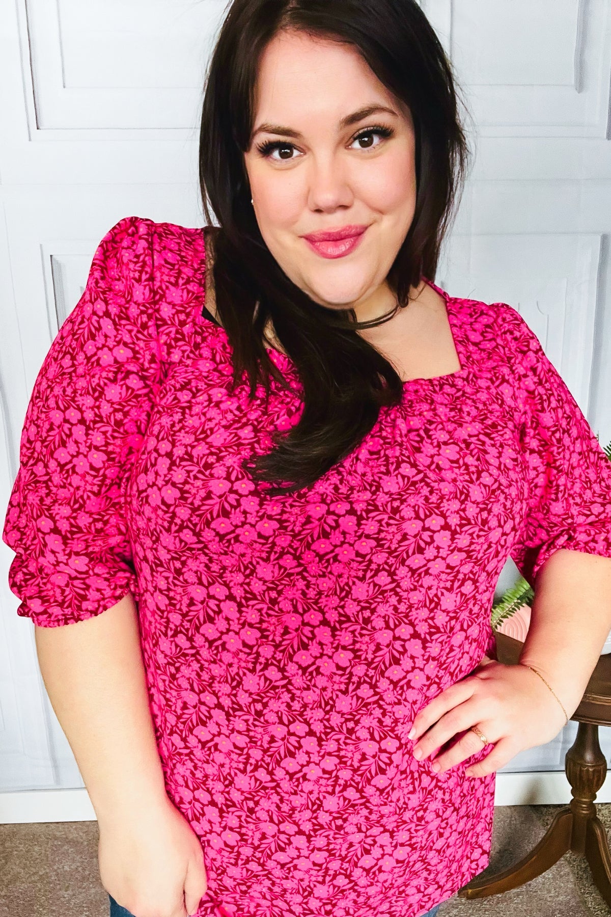 Perfectly You Fuchsia Floral Three Quarter Sleeve Square Neck Top