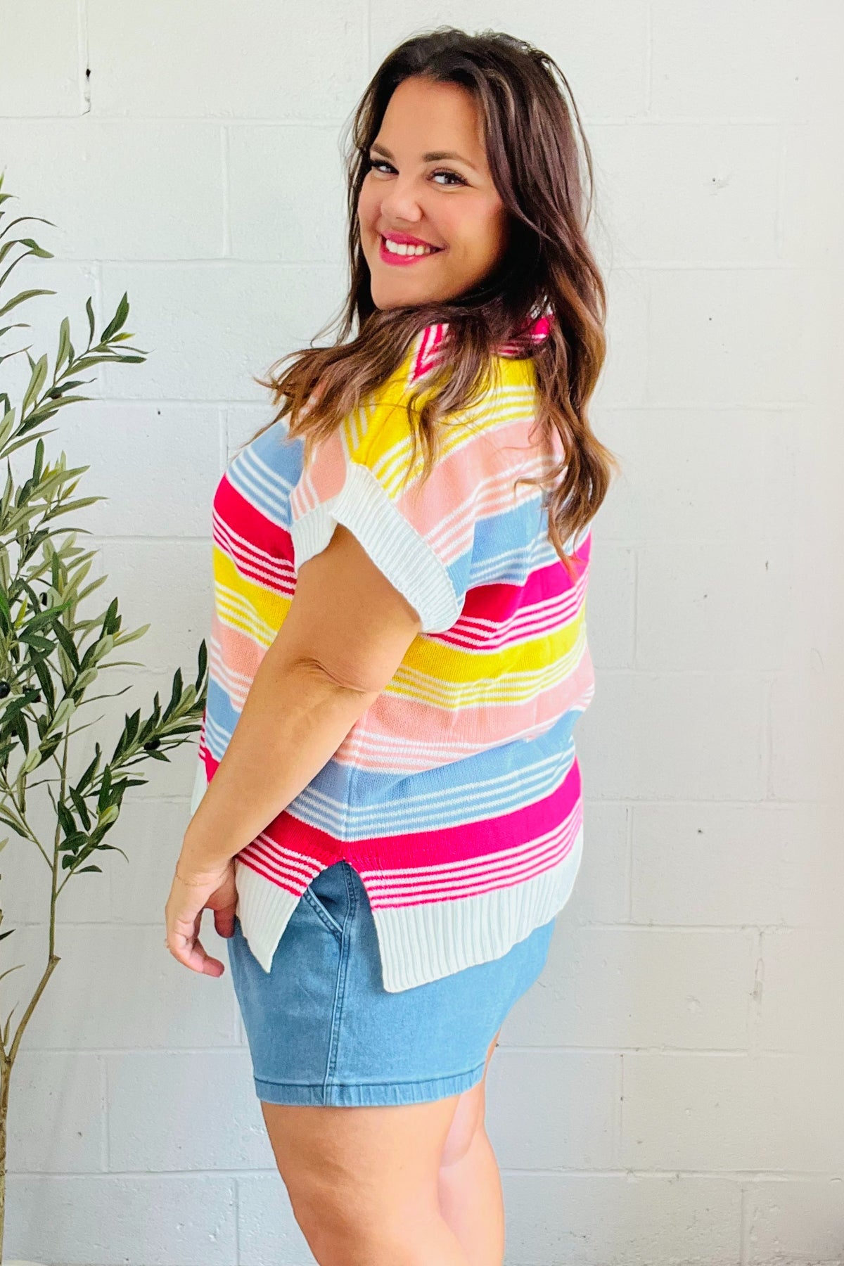 Feeling Playful Blue & Fuchsia Striped Short Dolman Sleeve Knit Top