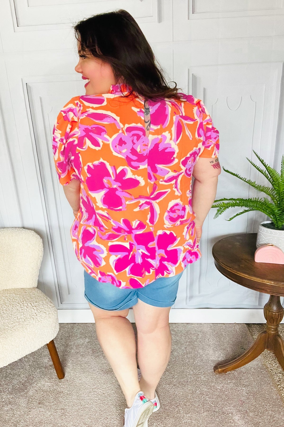 Feel Your Best Fuchsia Orange Floral Print Frill Mock Neck Top