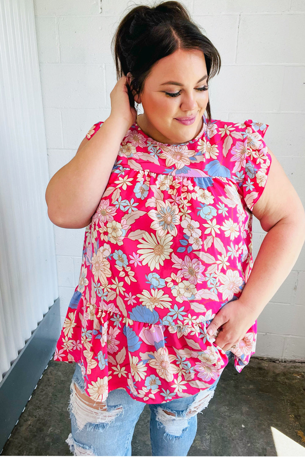 Fuchsia Floral Yoke Flutter Sleeve Back Neck Button Top