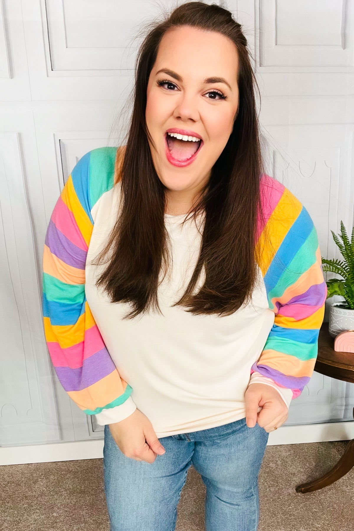 Just For You Rainbow Bubble Sleeve Terry Raglan Top