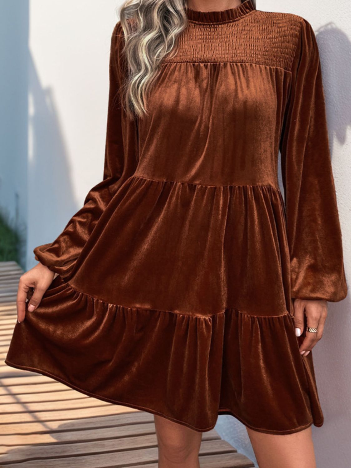 Perfee Tiered Ruched Mock Neck Long Sleeve Dress