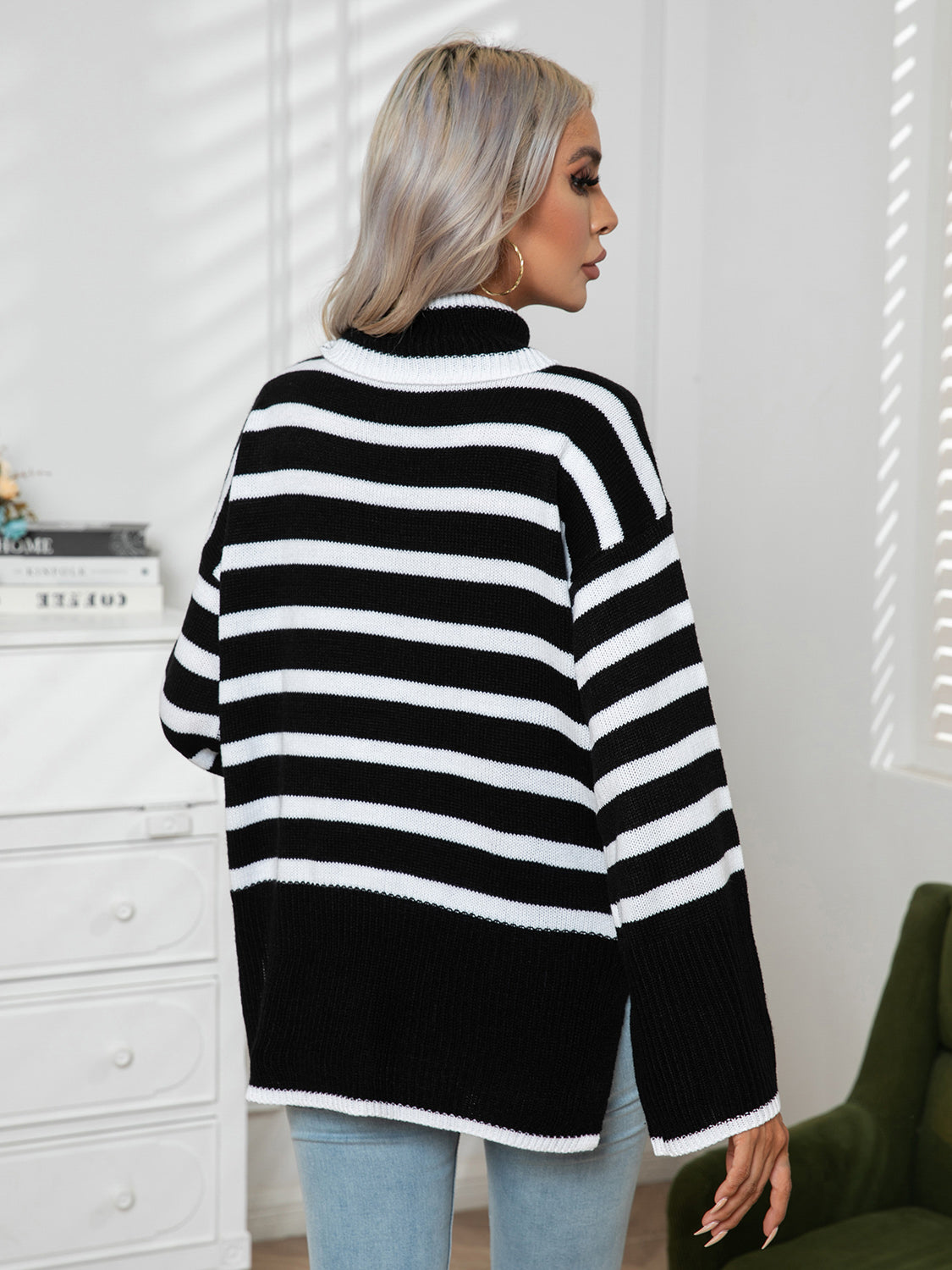 Striped Slit Turtleneck Drop Shoulder Sweater