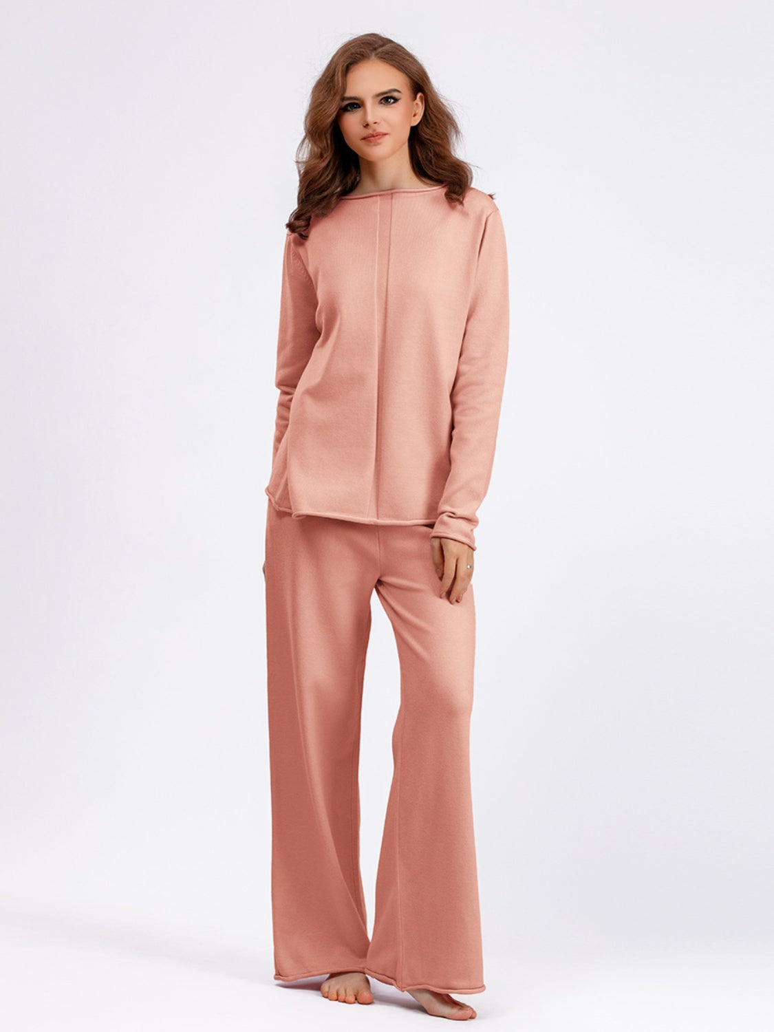 Basic Bae Rolled Round Neck Top and Pants Sweater Set