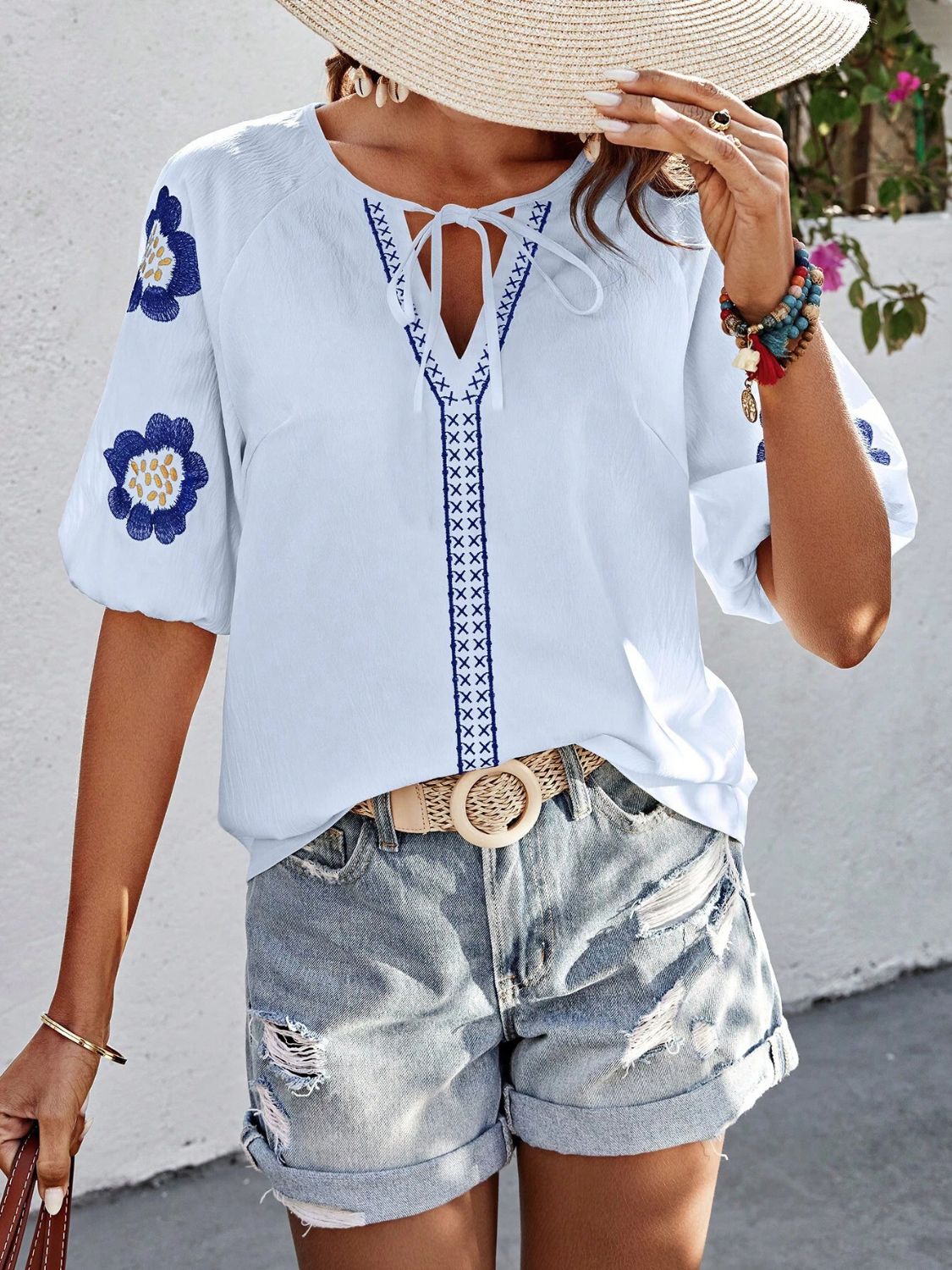 Embroidered Tie Neck Puff Sleeve Blouse