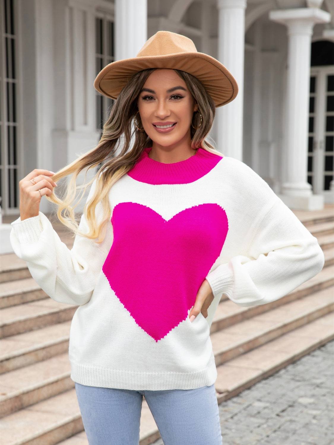 Angel Wings Heart Graphic Round Neck Sweater