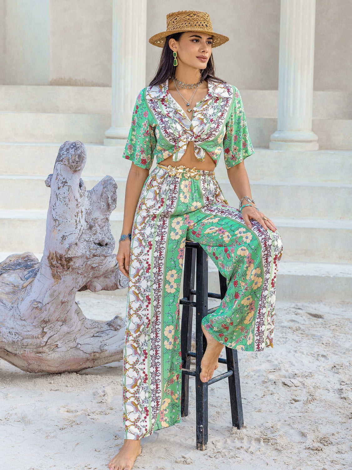 Printed Half Sleeve Top and Wide Leg Pants Set