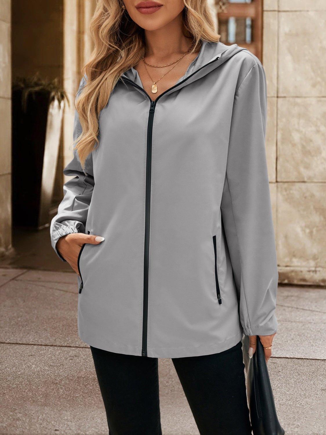 Pocketed Zip Up Hooded Jacket