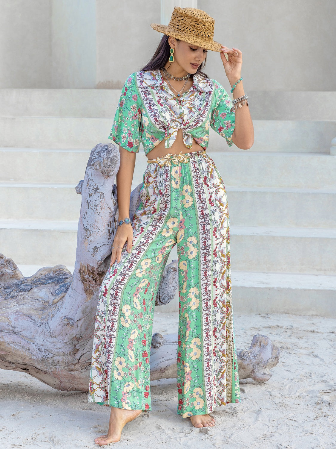 Printed Half Sleeve Top and Wide Leg Pants Set